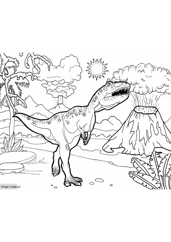 Coloriage T Rex avec des volcans autour à imprimer dessin