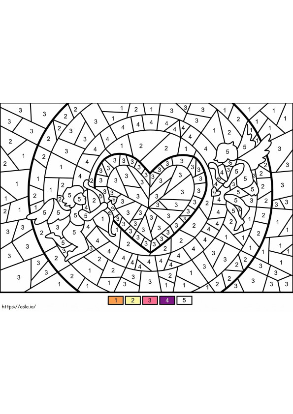 Coloriage Cupidons et coeur couleur par numéro à imprimer dessin