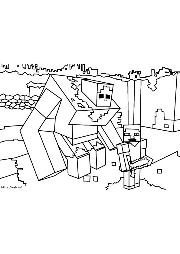 Iron Golem Zombie And Steve coloring page