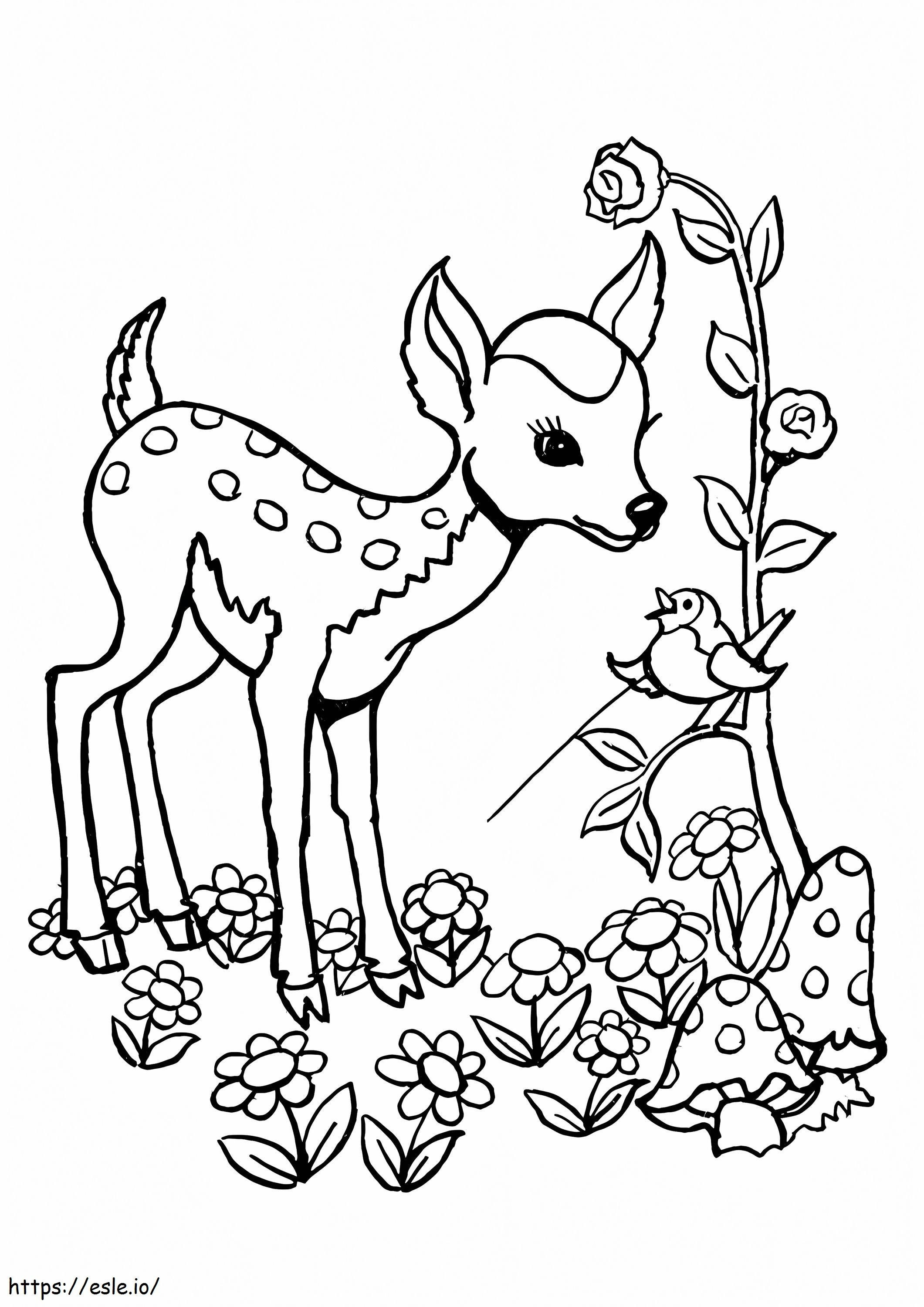 Coloriage Cerf et fleur oiseau à imprimer dessin