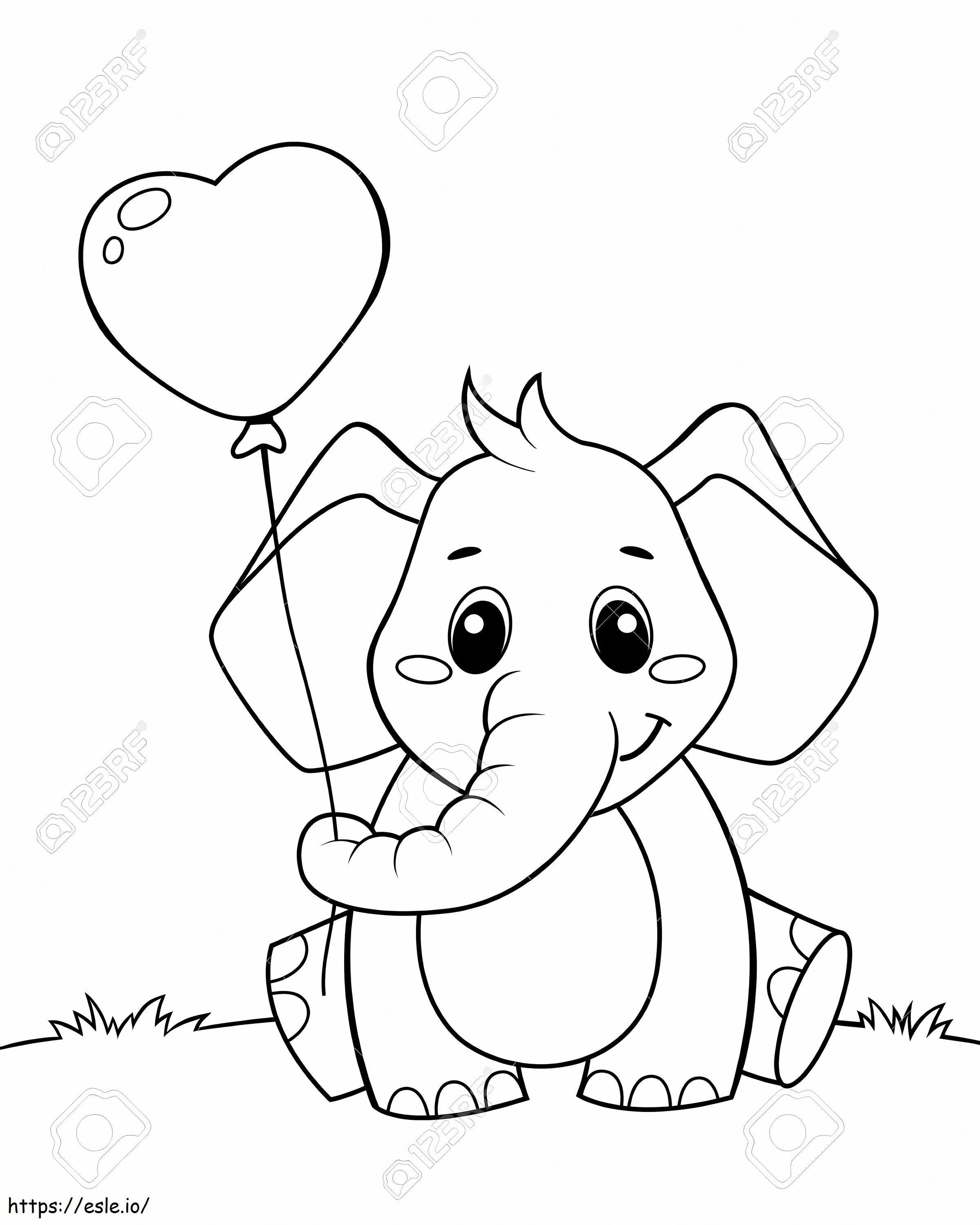  Simpatico piccolo elefante con palloncino a forma di cuore Illustrazione vettoriale in bianco e nero per la colorazione da colorare