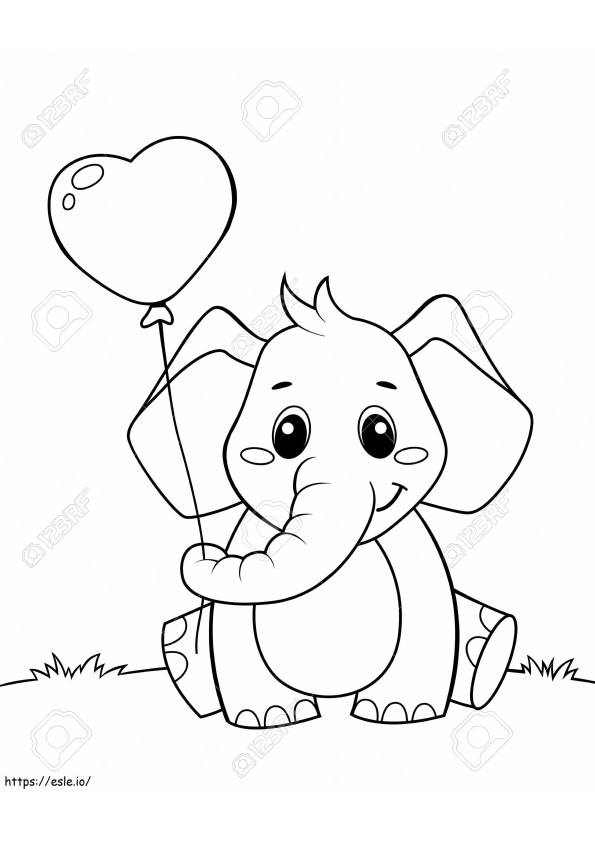  Simpatico piccolo elefante con palloncino a forma di cuore Illustrazione vettoriale in bianco e nero per la colorazione da colorare