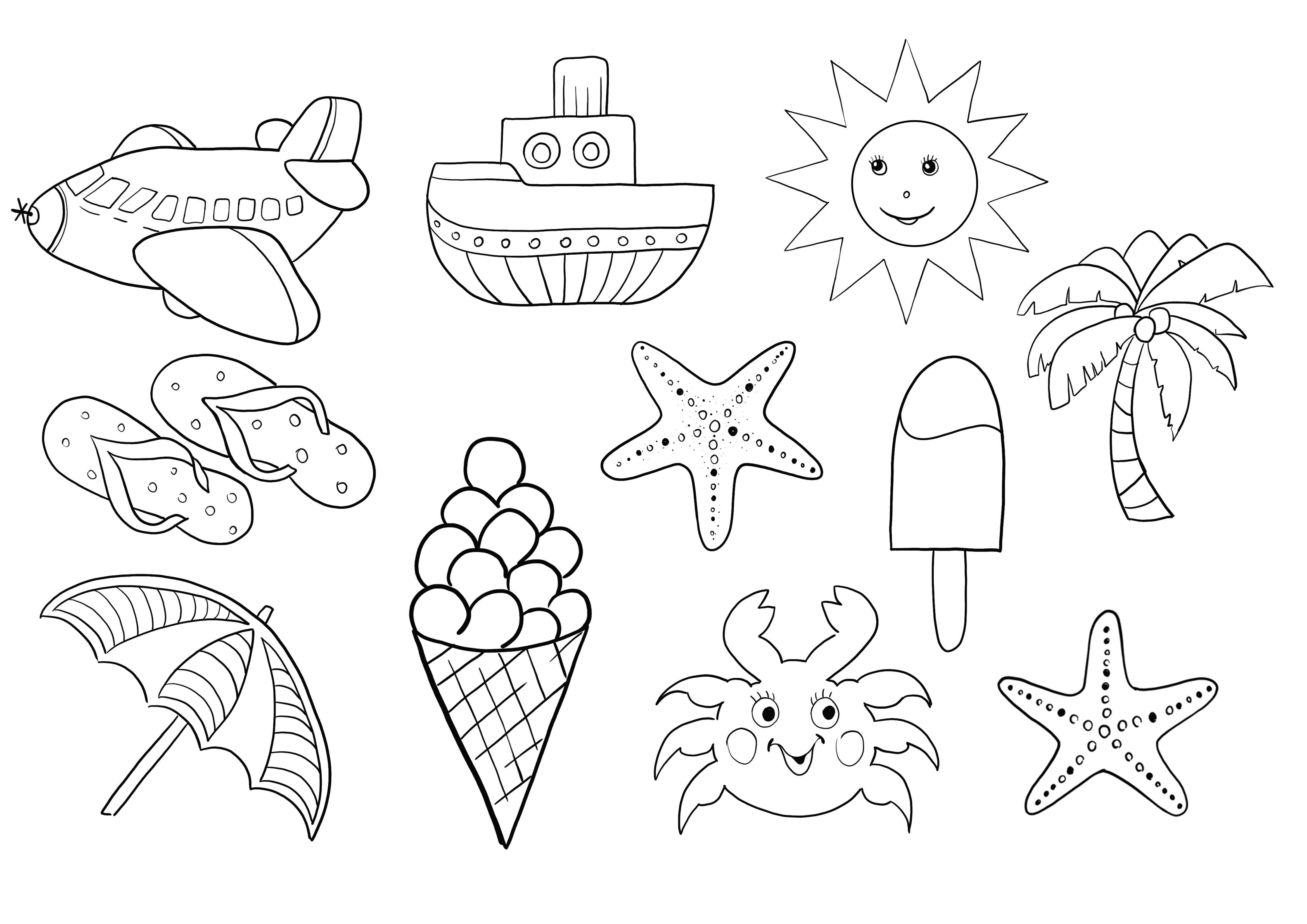 summer items easy coloring and free printing page
