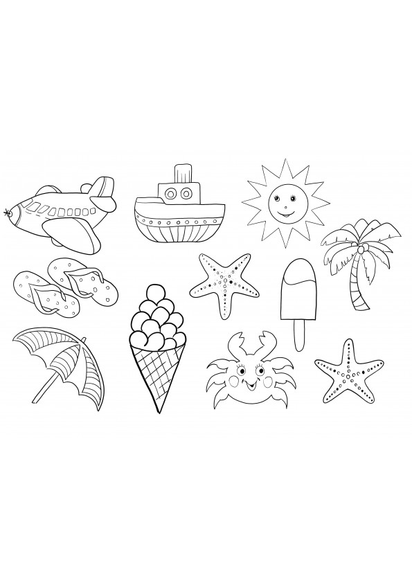 summer items easy coloring and free printing page