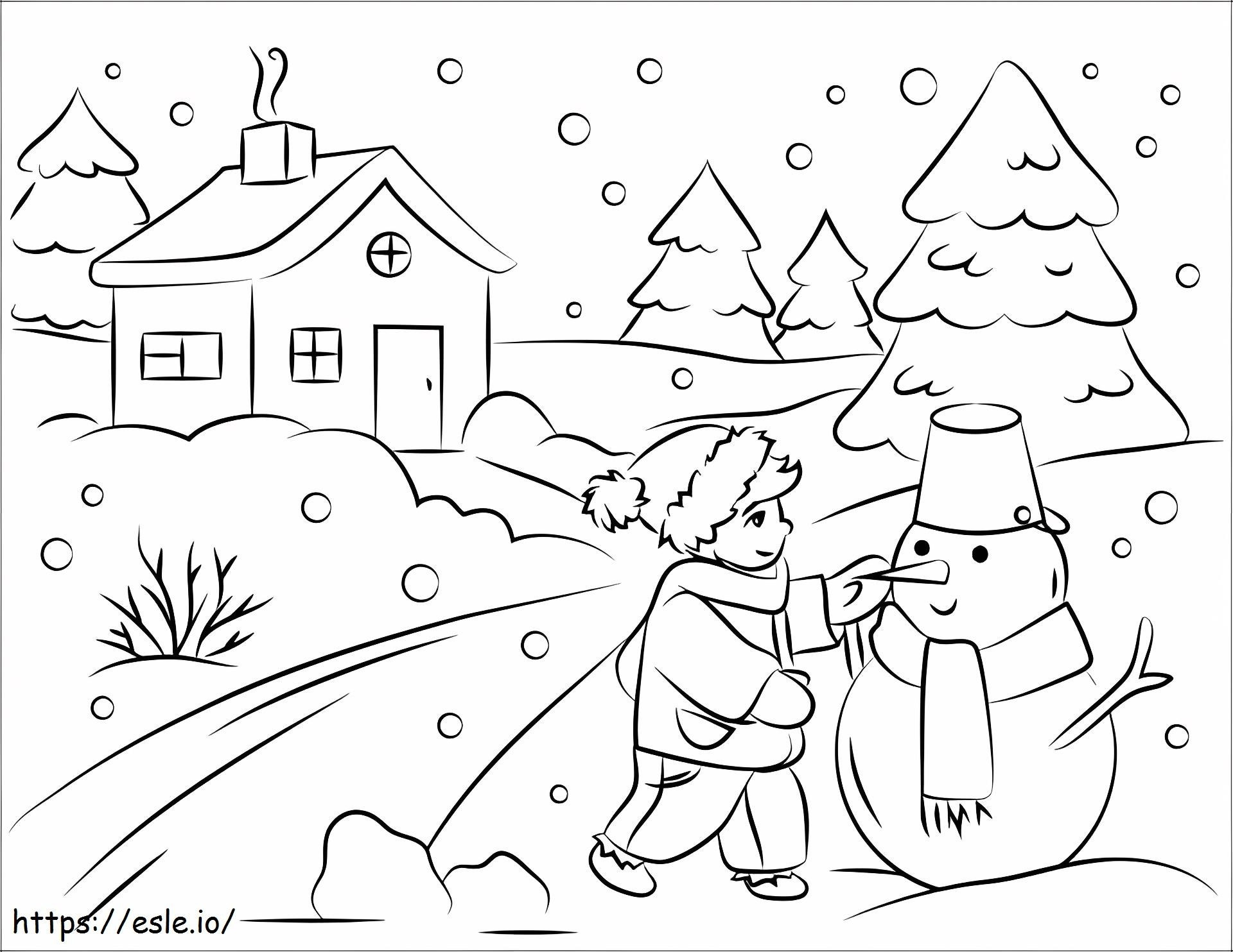 Coloriage  Garçon construisant un bonhomme de neige A4 à imprimer dessin