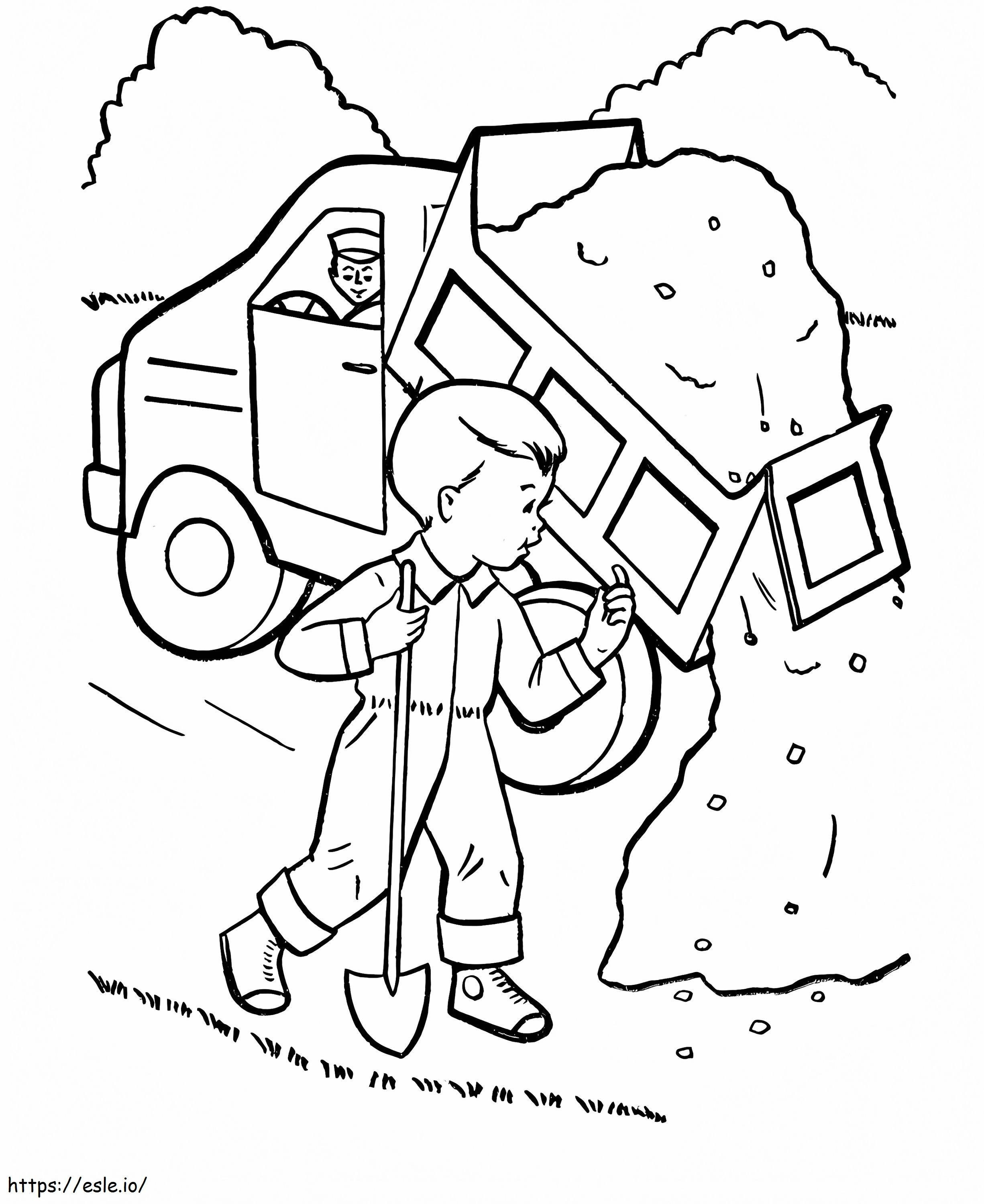 Coloriage Kid et camion à benne basculante à imprimer dessin