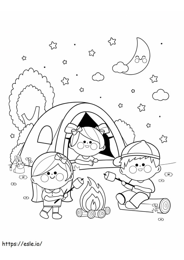 Coloriage Camping Pour Trois Enfants à imprimer dessin
