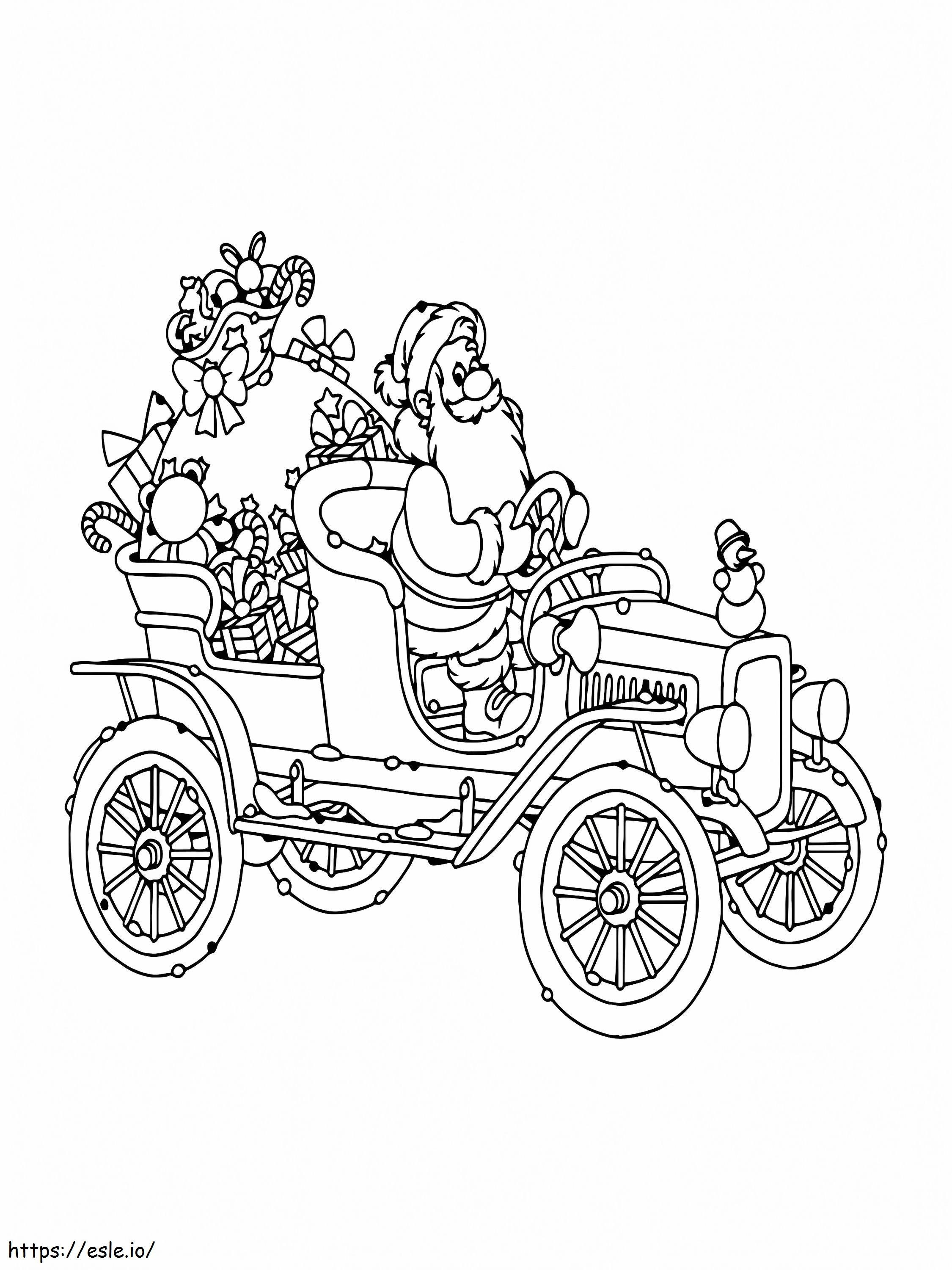 Coloriage Père Noël au volant de sa voiture à imprimer dessin