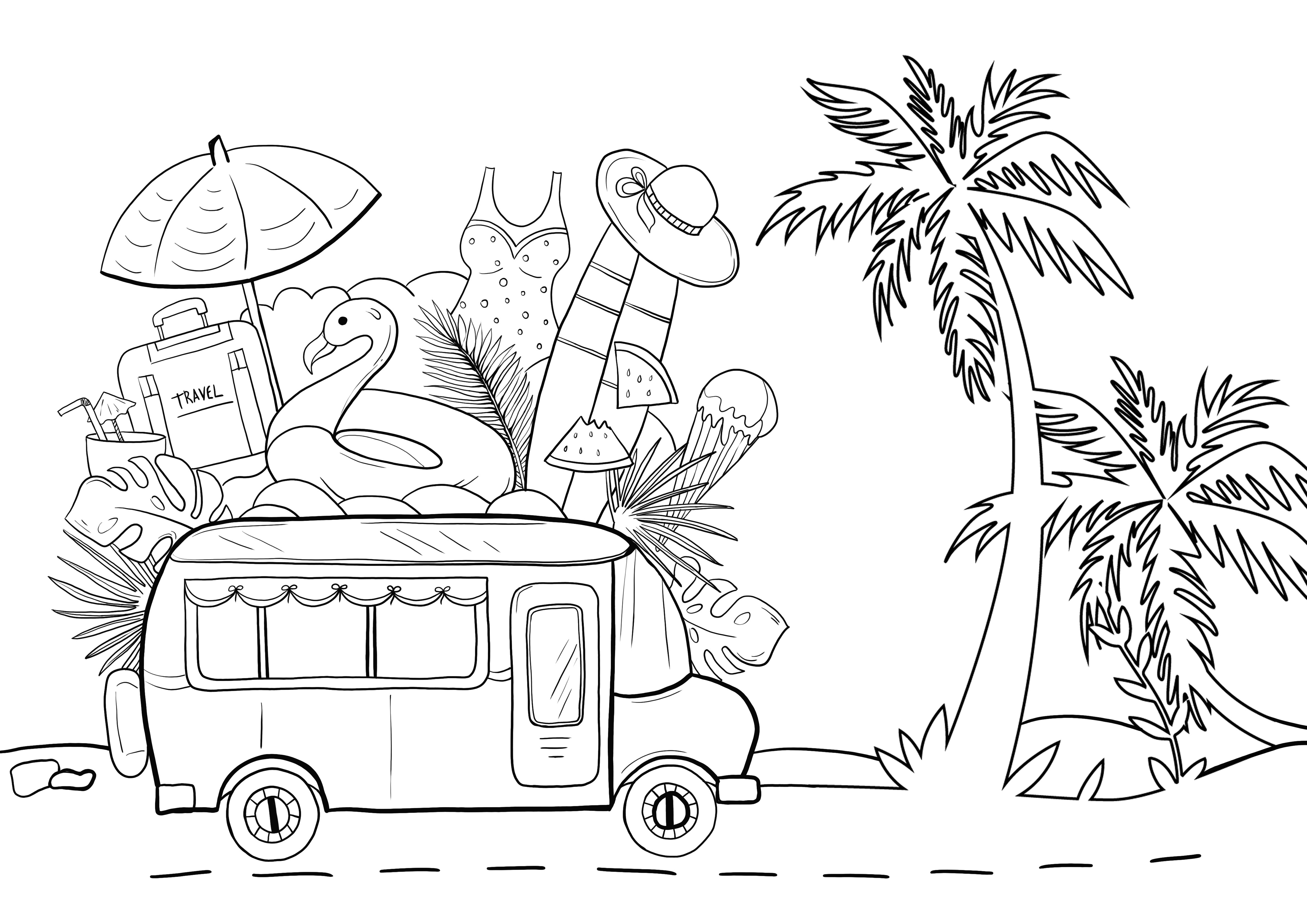 summer vacation bus to print and color for free
