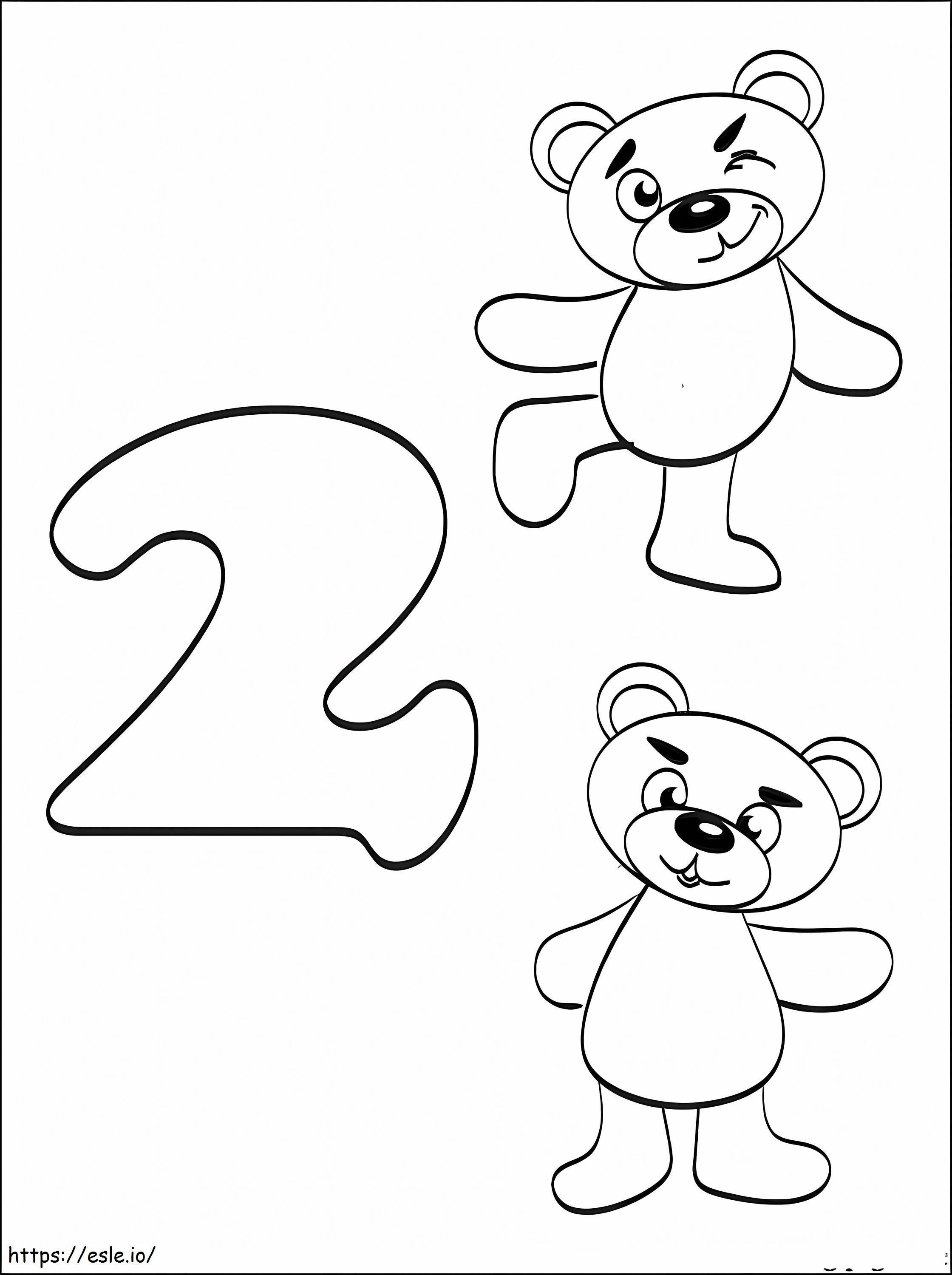 Nummer 2 En Twee Teddyberen kleurplaat kleurplaat