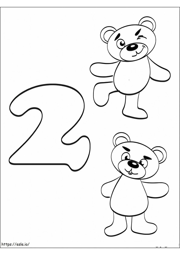Número 2 e dois ursinhos de pelúcia para colorir