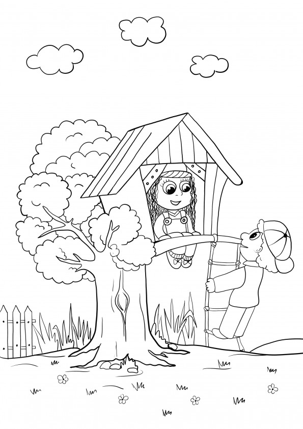 children and summer treehouse free printable and coloring image