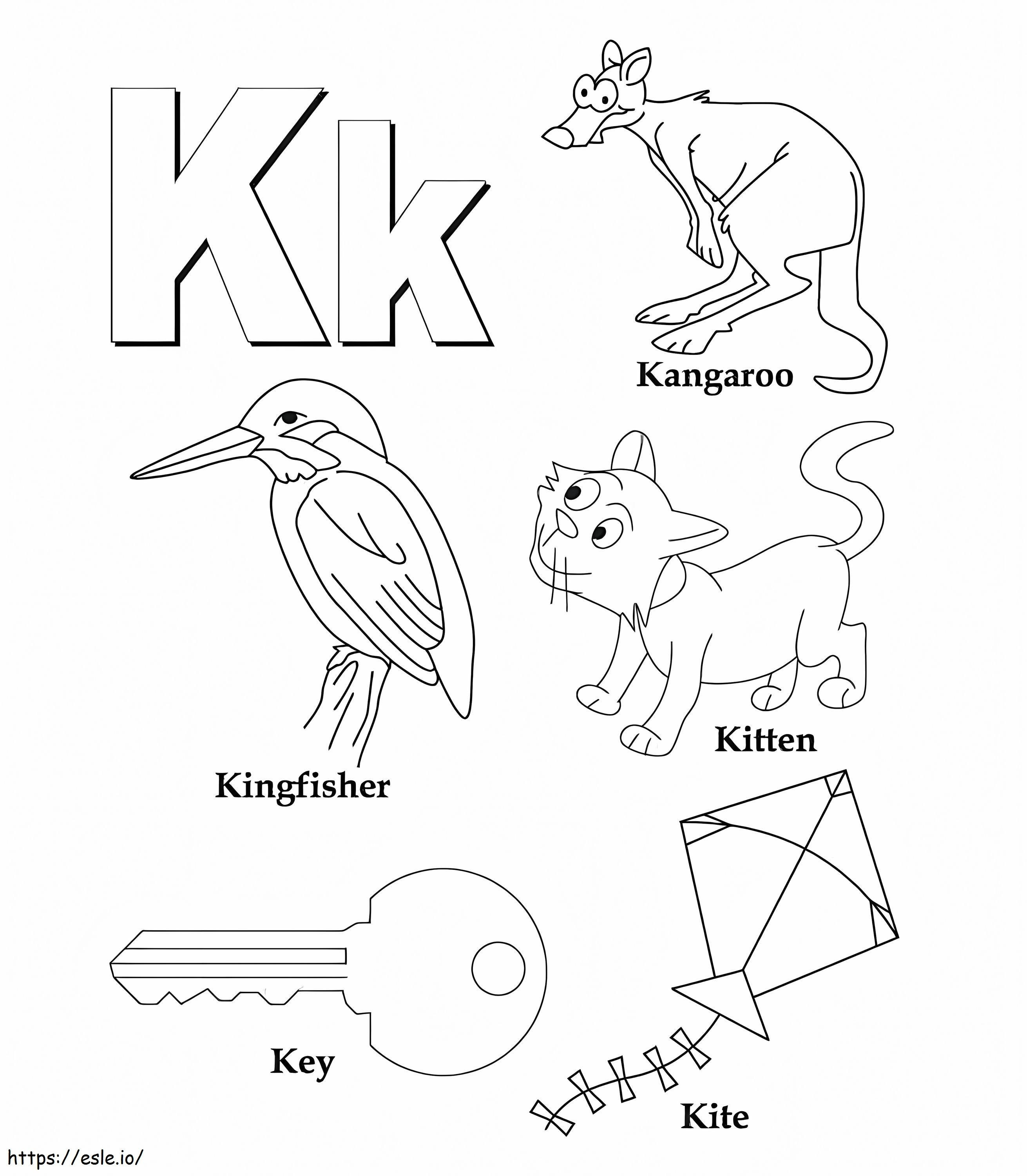 Letter K Key Kite Kitten Kangaroo coloring page