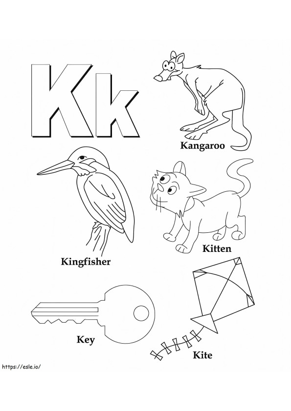 Letter K Key Kite Kitten Kangaroo coloring page