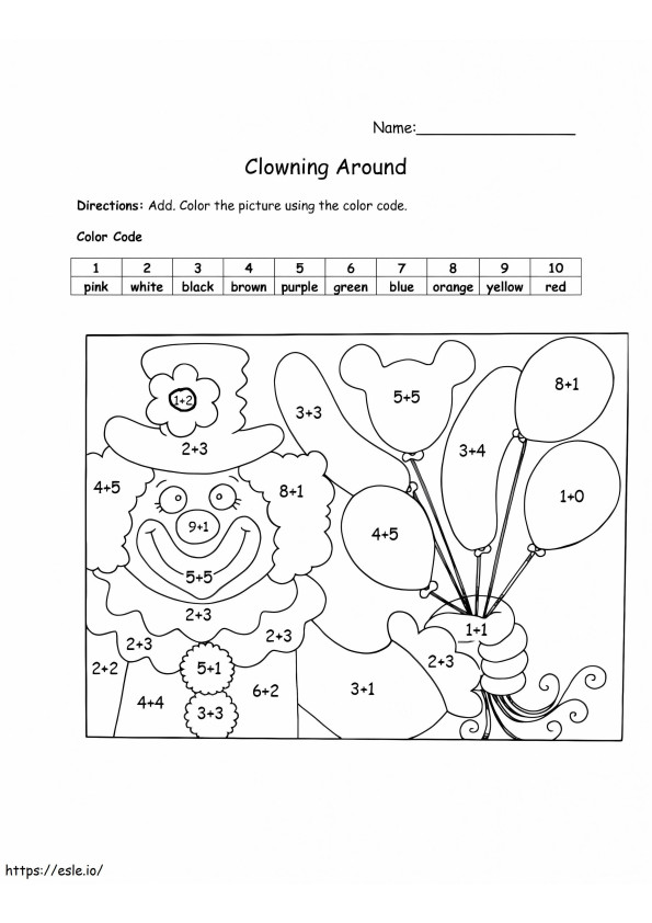 Clown Color By Number Addition coloring page