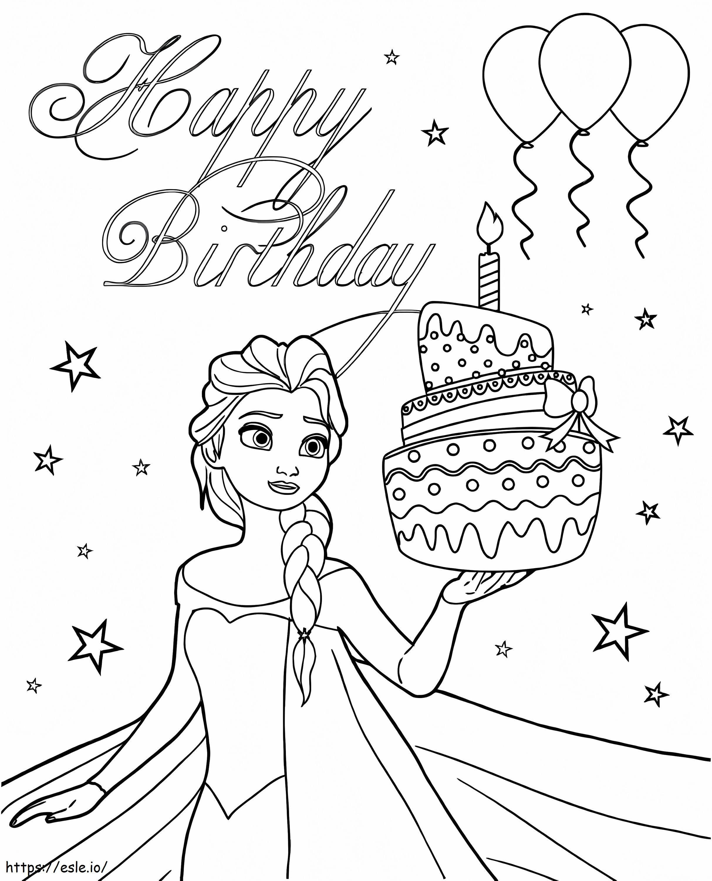 Coloriage Elsa avec un gâteau d'anniversaire à imprimer dessin