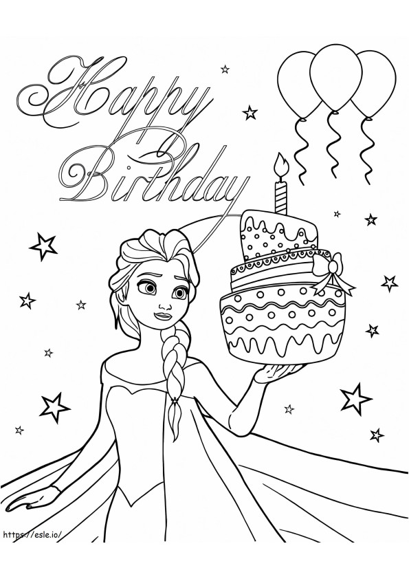 Elsa con pastel de cumpleaños para colorear