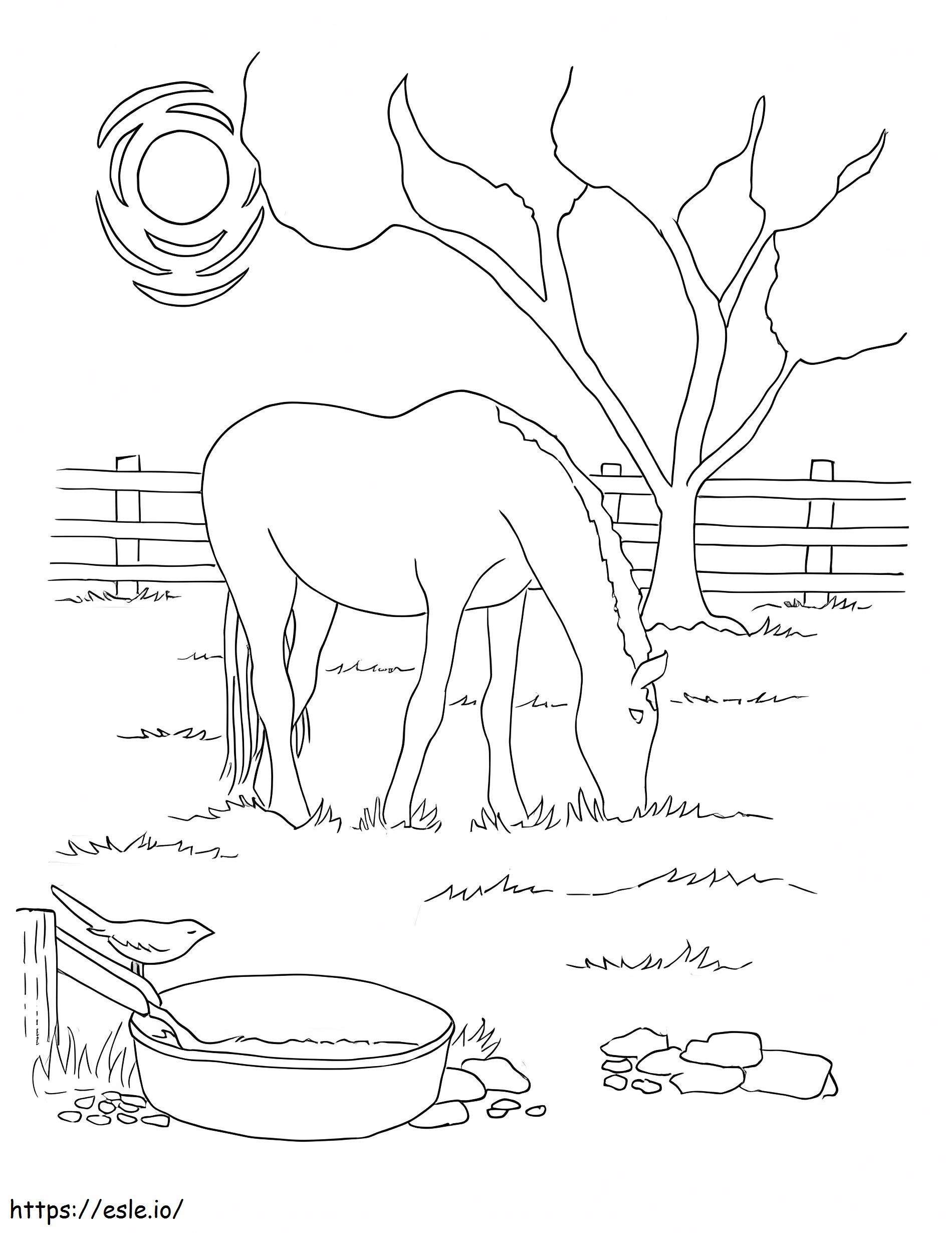 Coloriage Cheval mangeant de l'herbe dans la grange à imprimer dessin