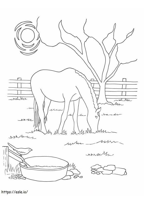 納屋で草を食べる馬 ぬりえ - 塗り絵