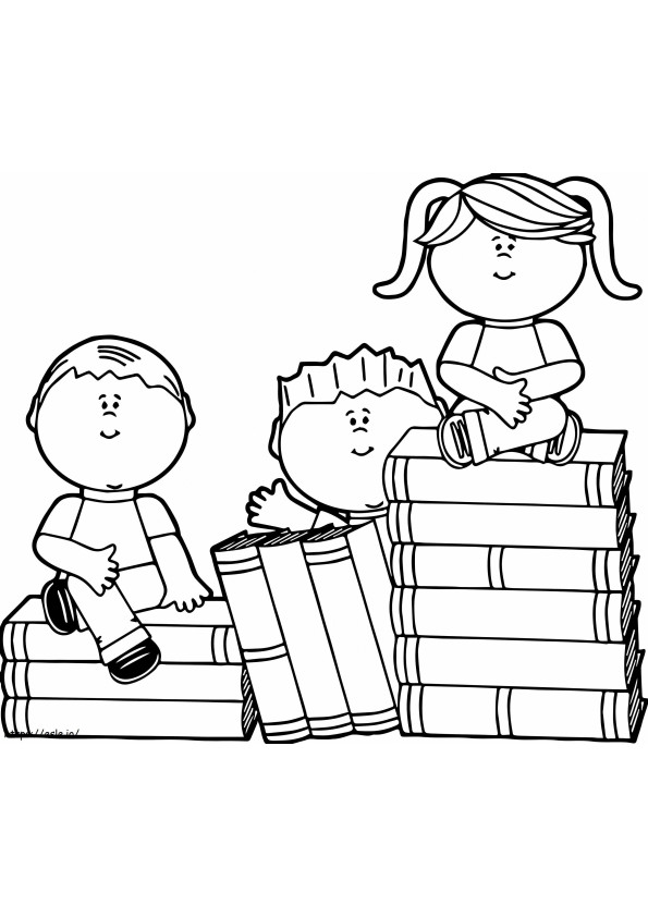 Kolme lasta ja kirjaa värityskuva