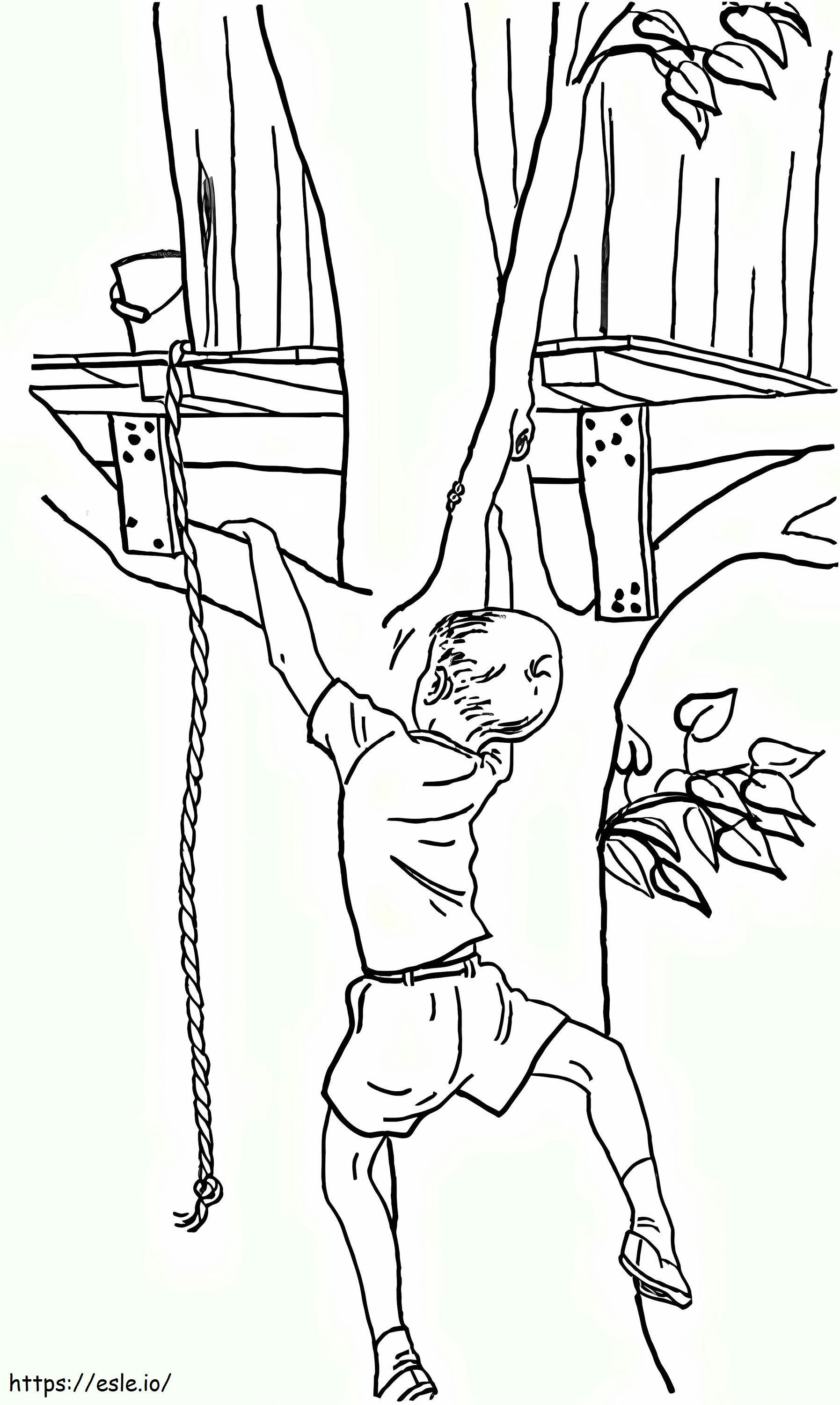 niño trepando un árbol para colorear