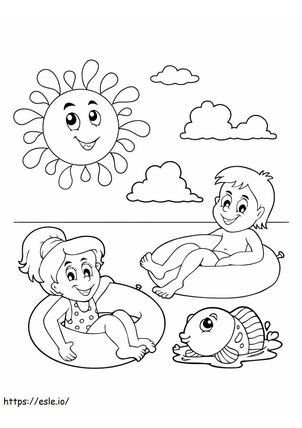 Coloriage Deux enfants nageant à la plage à imprimer dessin