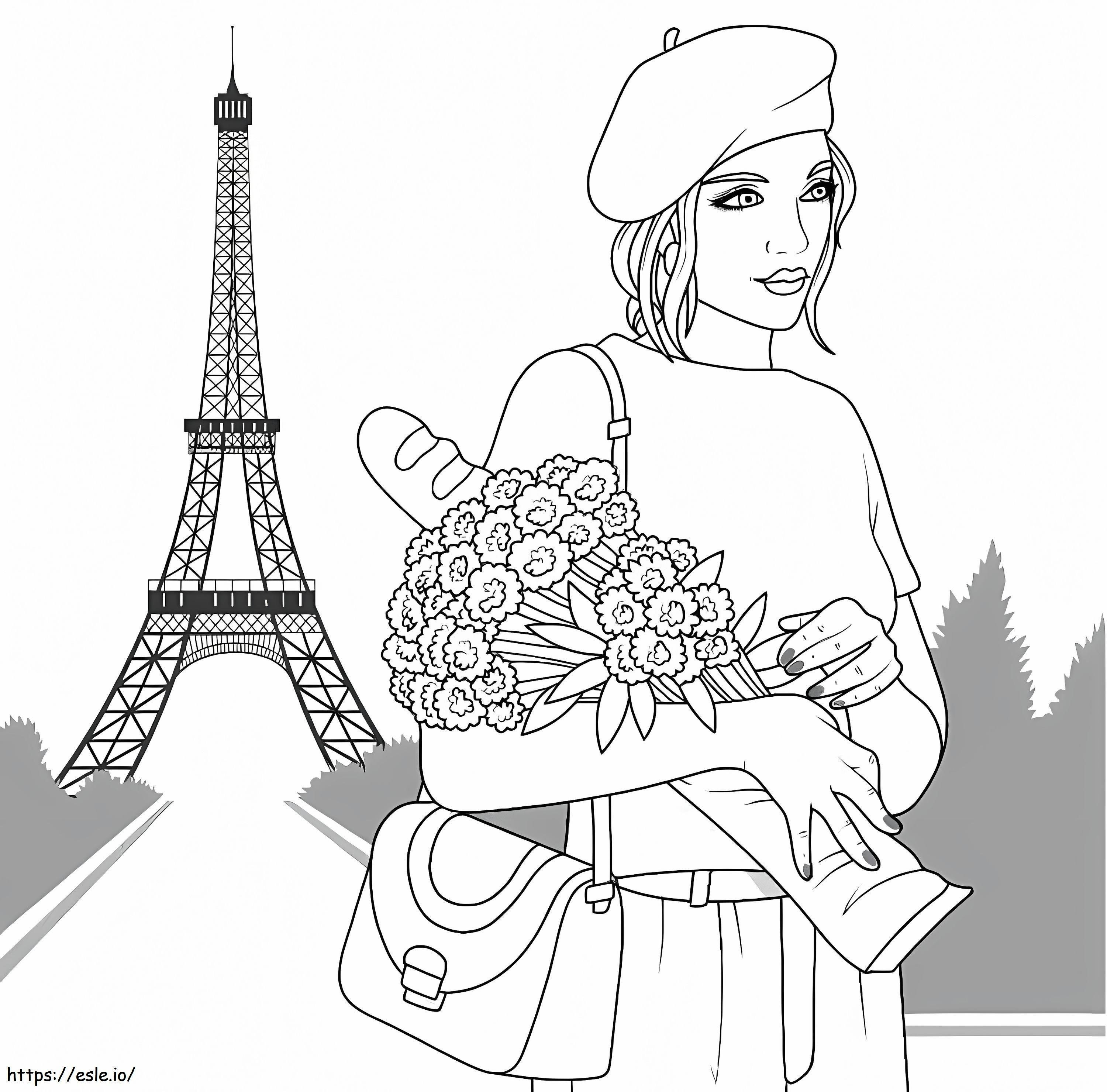 Gadis Memegang Buket Bunga Dengan Eiffel Gambar Mewarnai