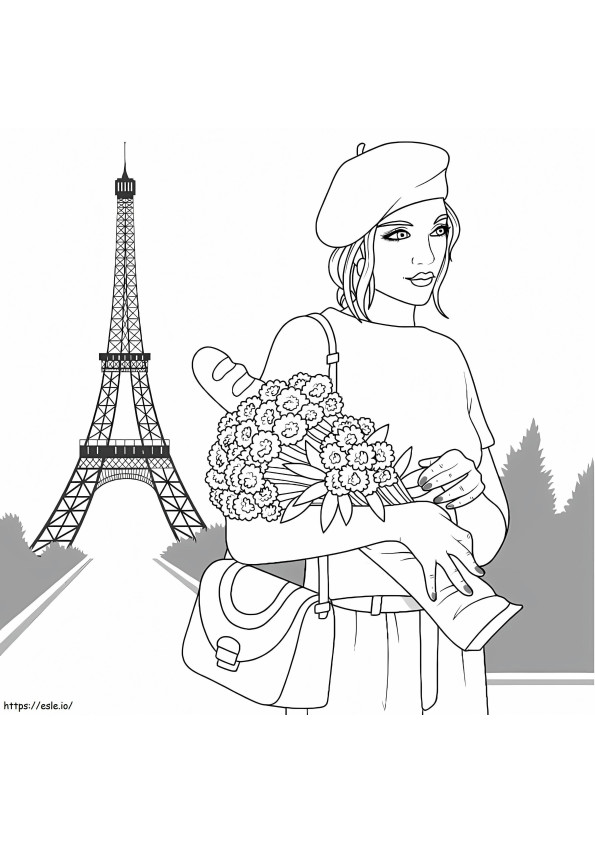 Tyttö, jolla on kukkakimppu Eiffelin kanssa värityskuva