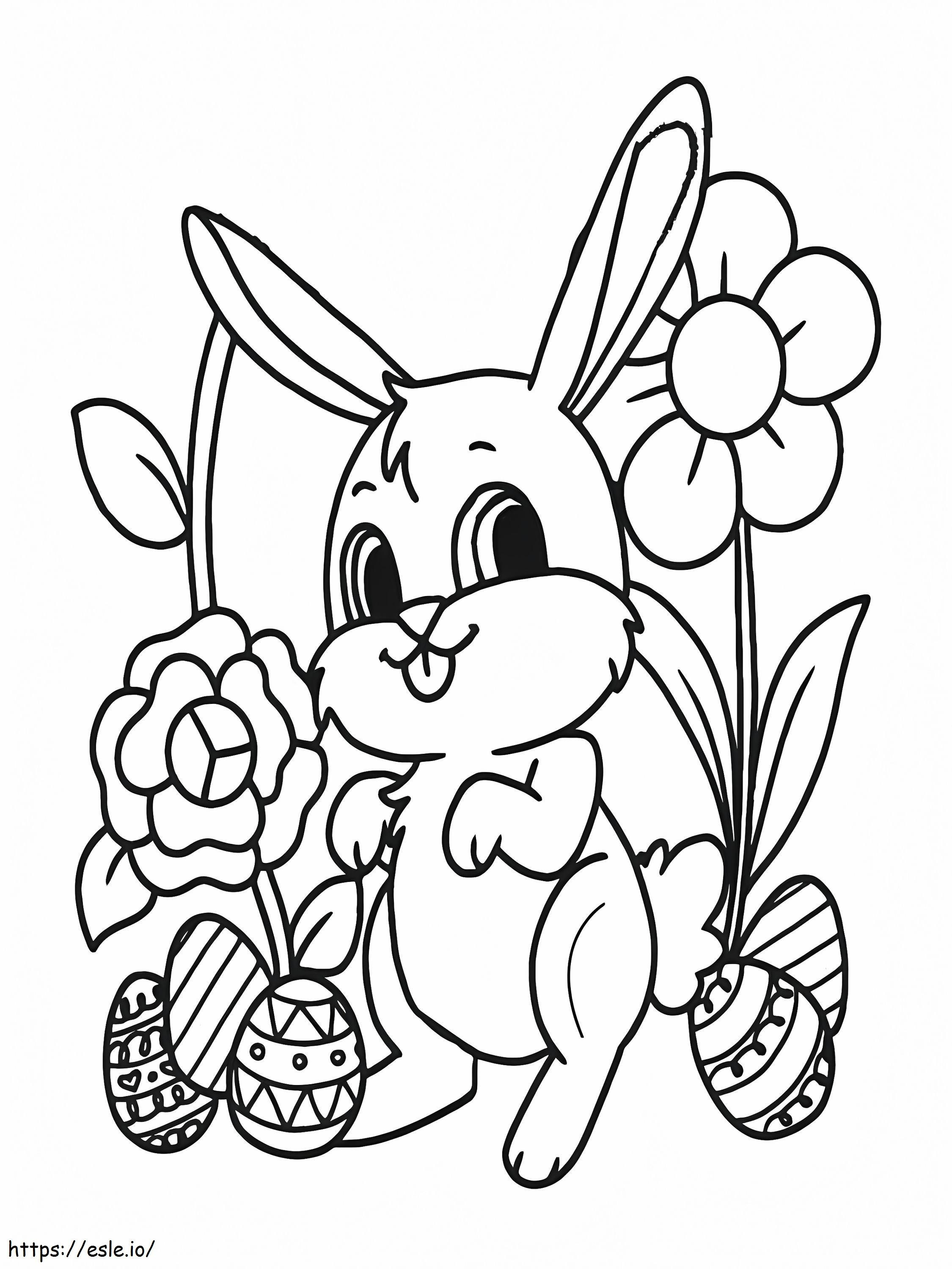 Coloriage Lapin de Pâques et belles fleurs à imprimer dessin