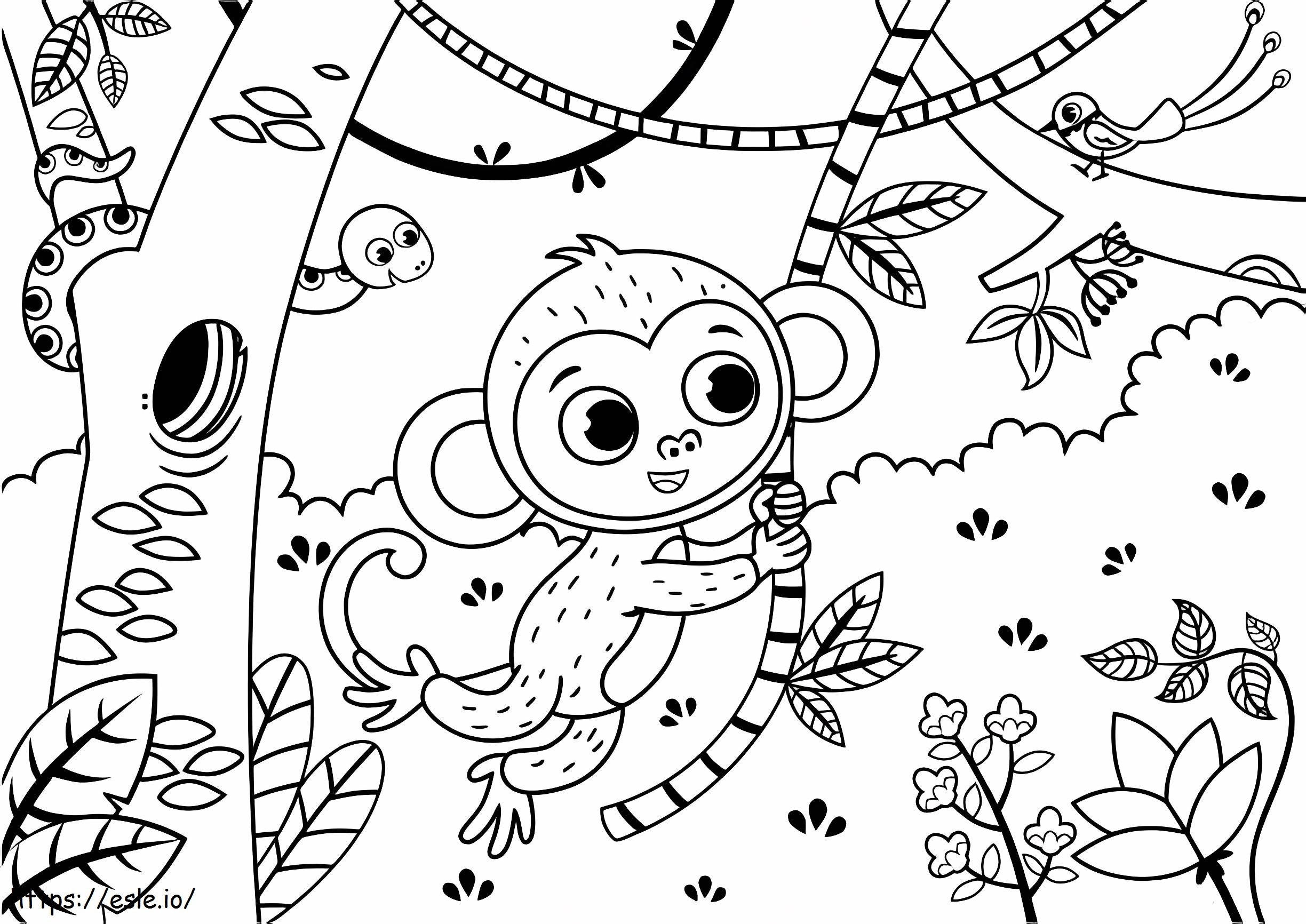Macaco fofo subindo em árvore para colorir