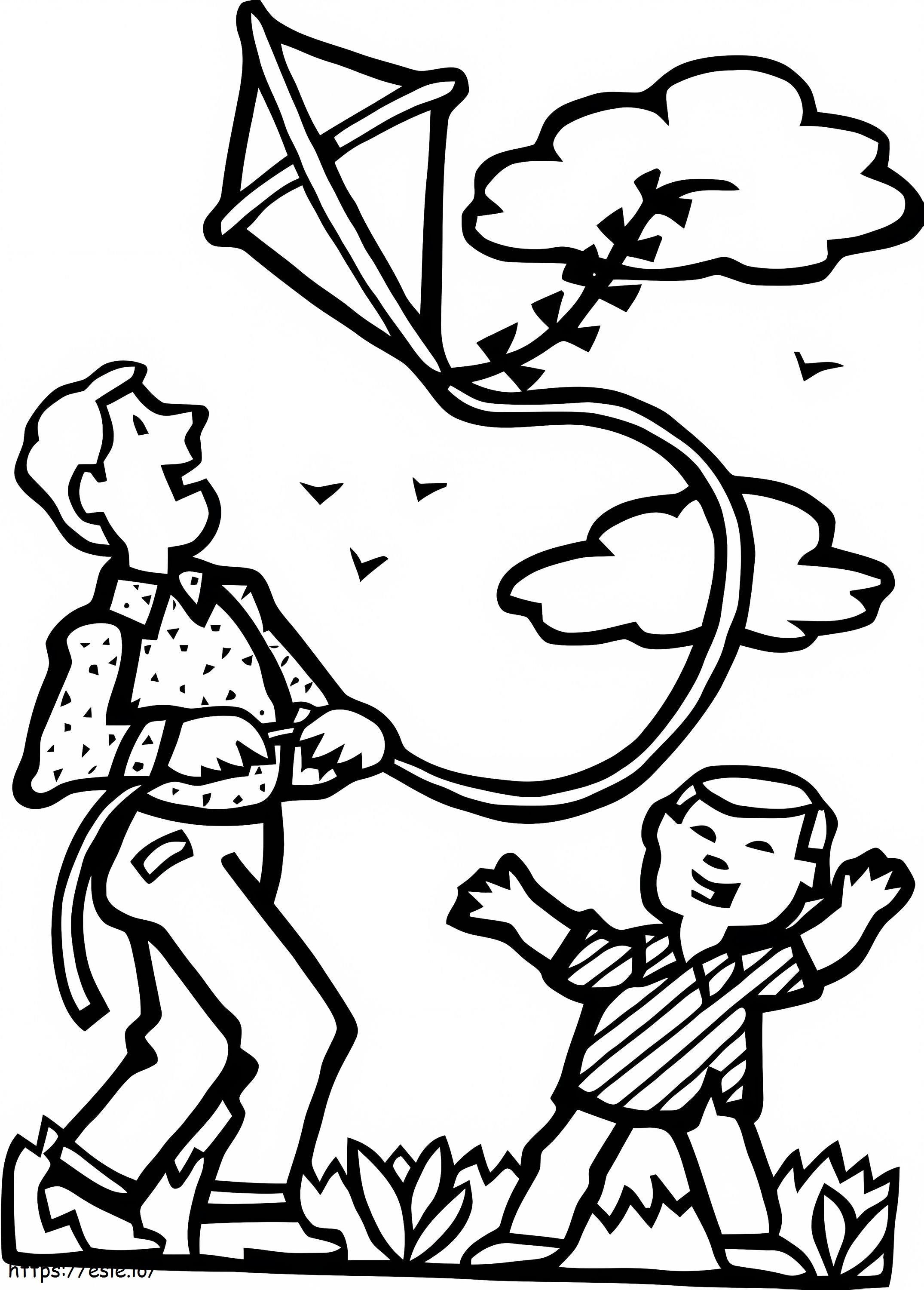 Coloriage Papa et son fils font voler un cerf-volant à imprimer dessin