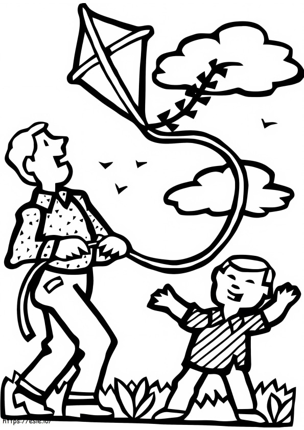 父と息子が凧揚げをする ぬりえ - 塗り絵