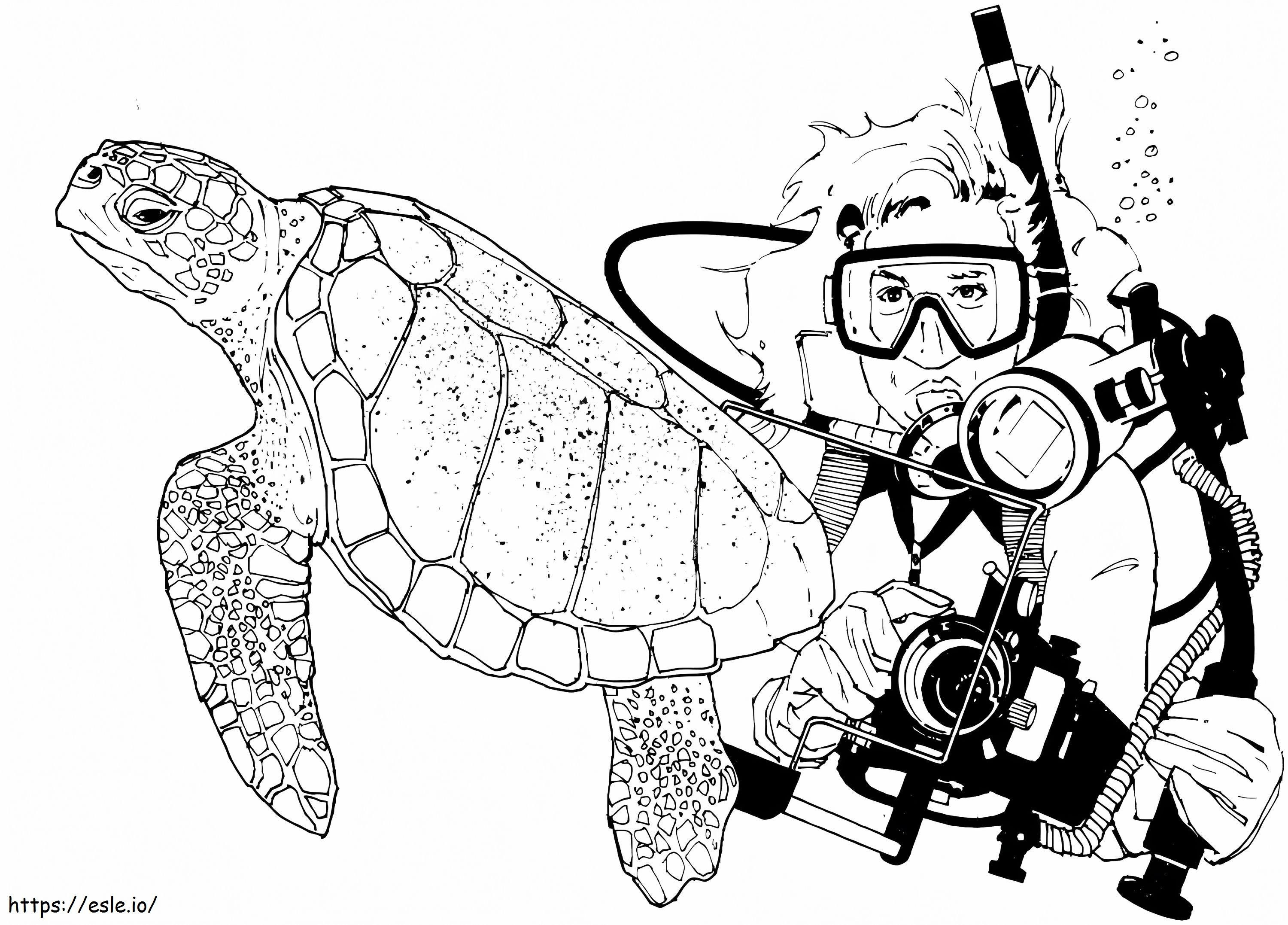 Diver And Sea Turtle coloring page