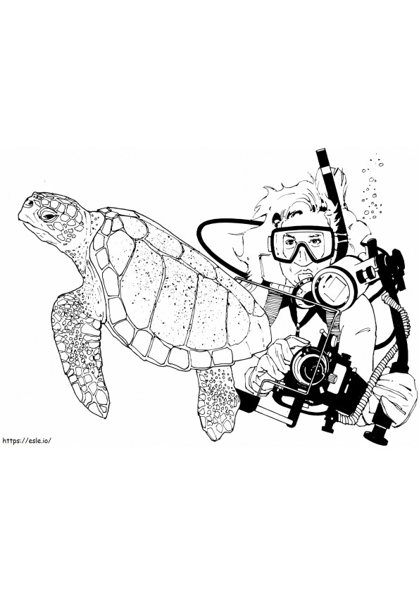 Coloriage Plongeur et tortue de mer à imprimer dessin