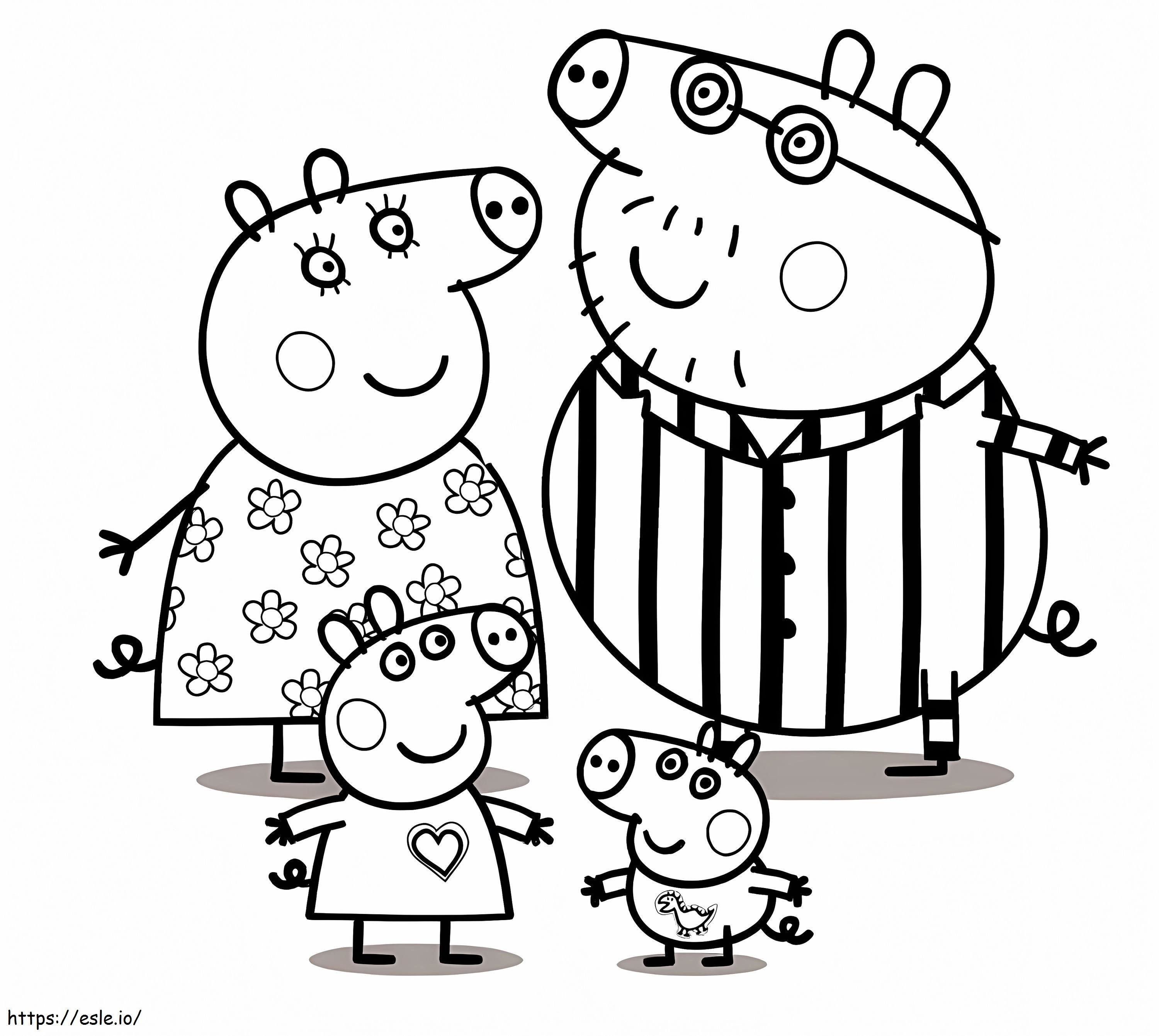 Peppa Pig -perhe pyjamassa värityskuva