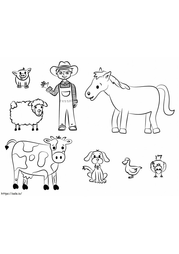 Agricultor e animal na fazenda para colorir