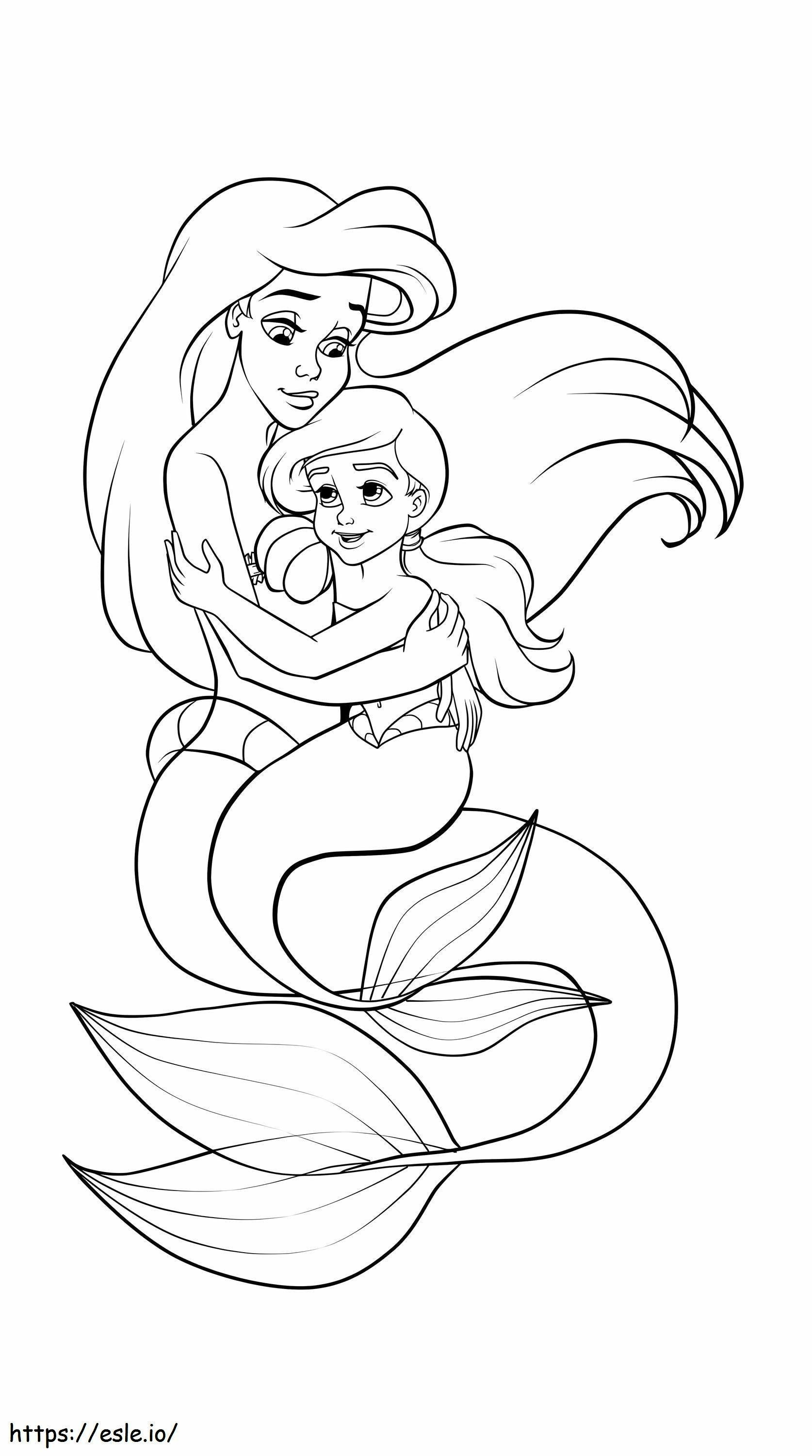 Ariel la sirena abraza a su hermana para colorear