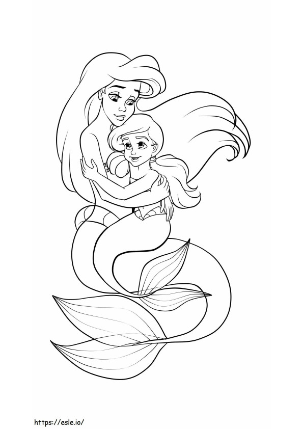 Ariel de zeemeermin knuffelt haar zus kleurplaat