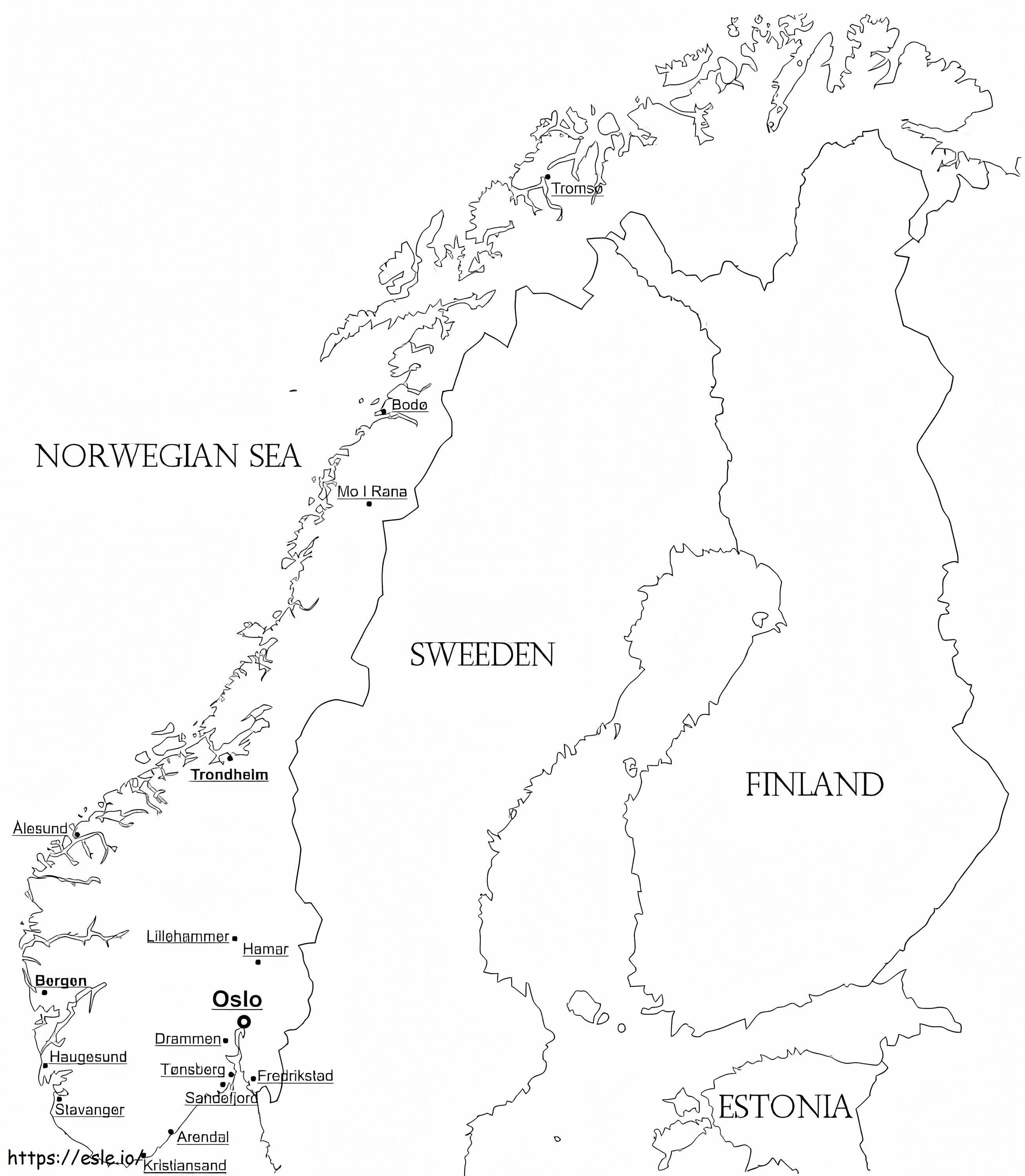 Norvégia Térkép városokkal kifestő