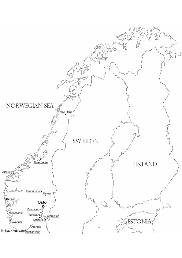 Şehirleri ile Norveç Haritası boyama