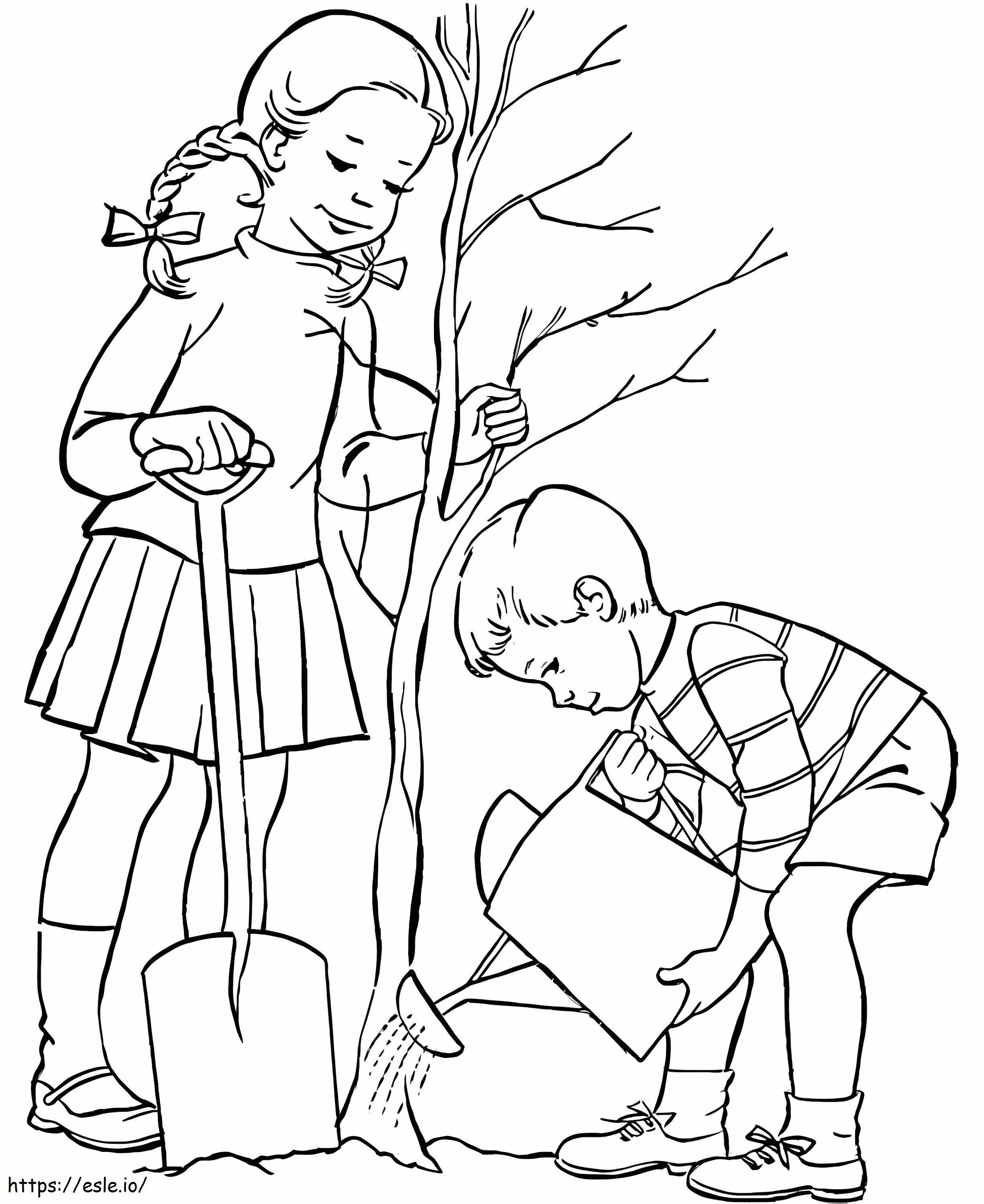 木を植える子どもたち ぬりえ - 塗り絵