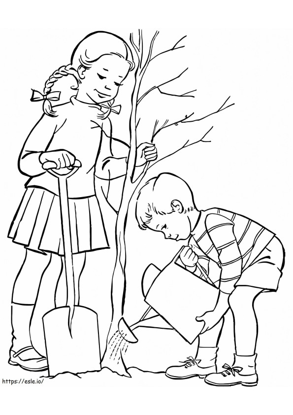 Lapset istuttavat puita värityskuva