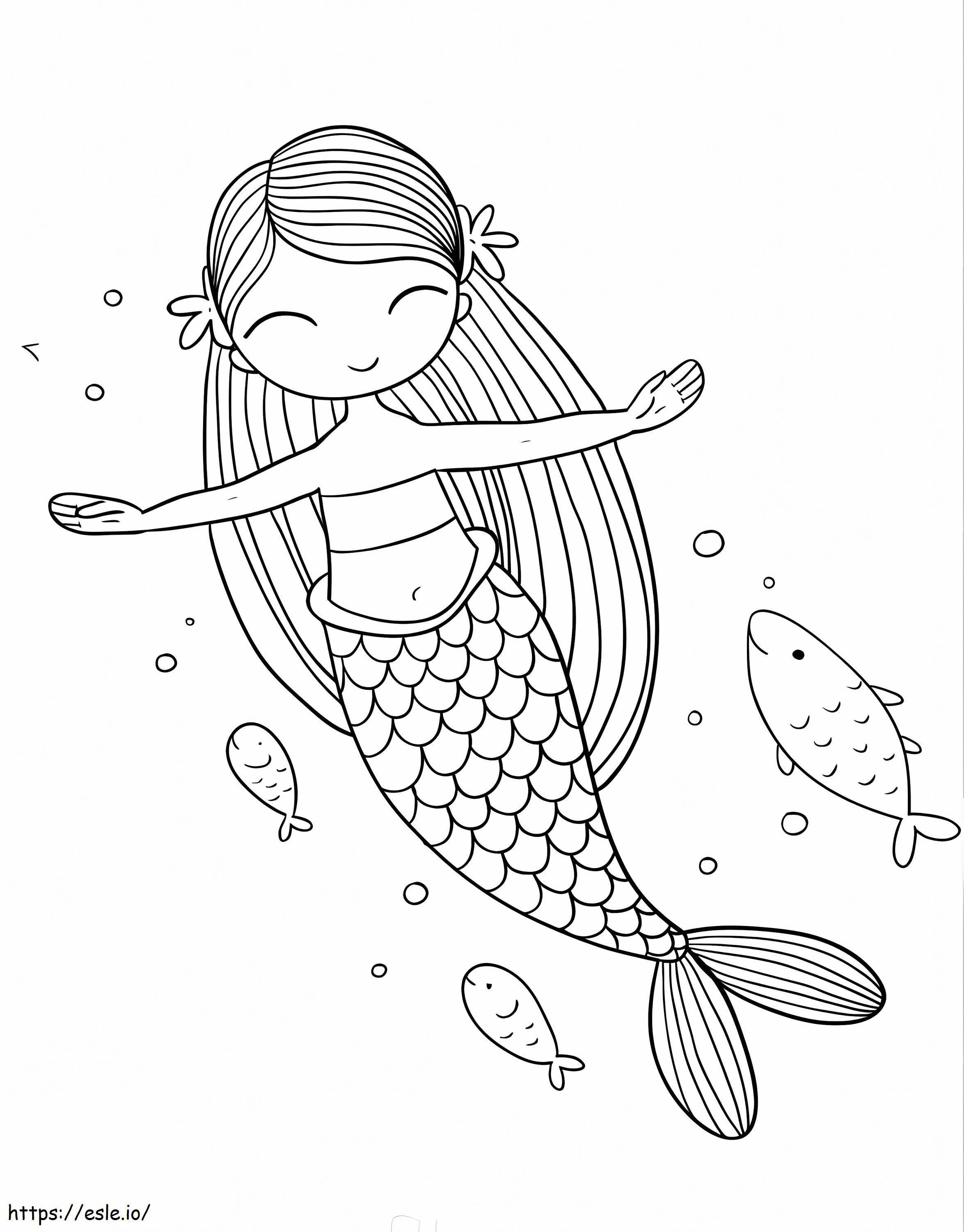 Coloriage Sirène aux poissons à imprimer dessin