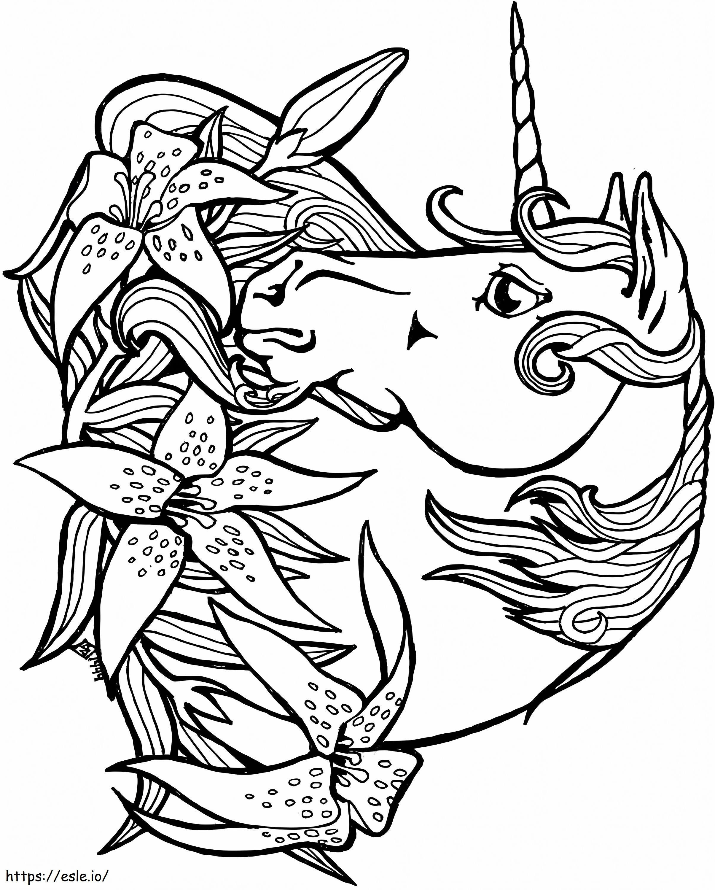 Unicorn Head N Flowers A4 coloring page