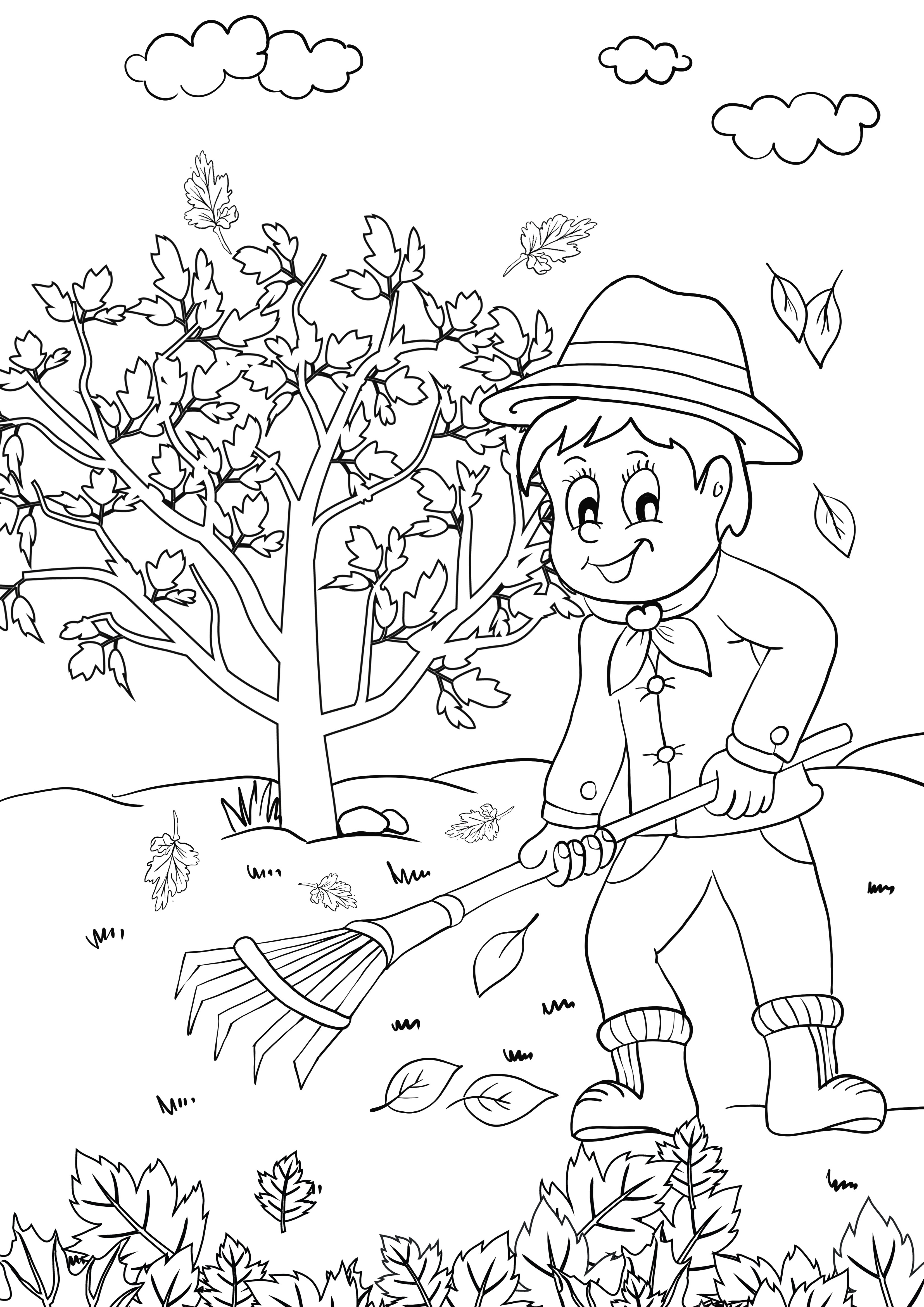 niño rastrillando hojas de otoño para colorear e imprimir gratis