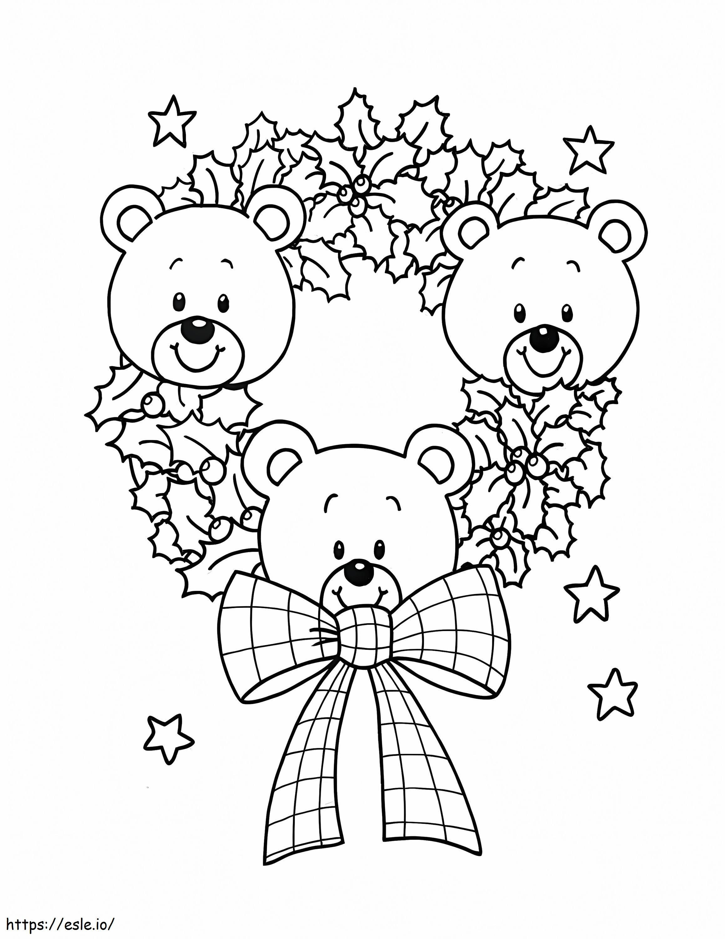 Christmas Wreath With Teddy Bears coloring page