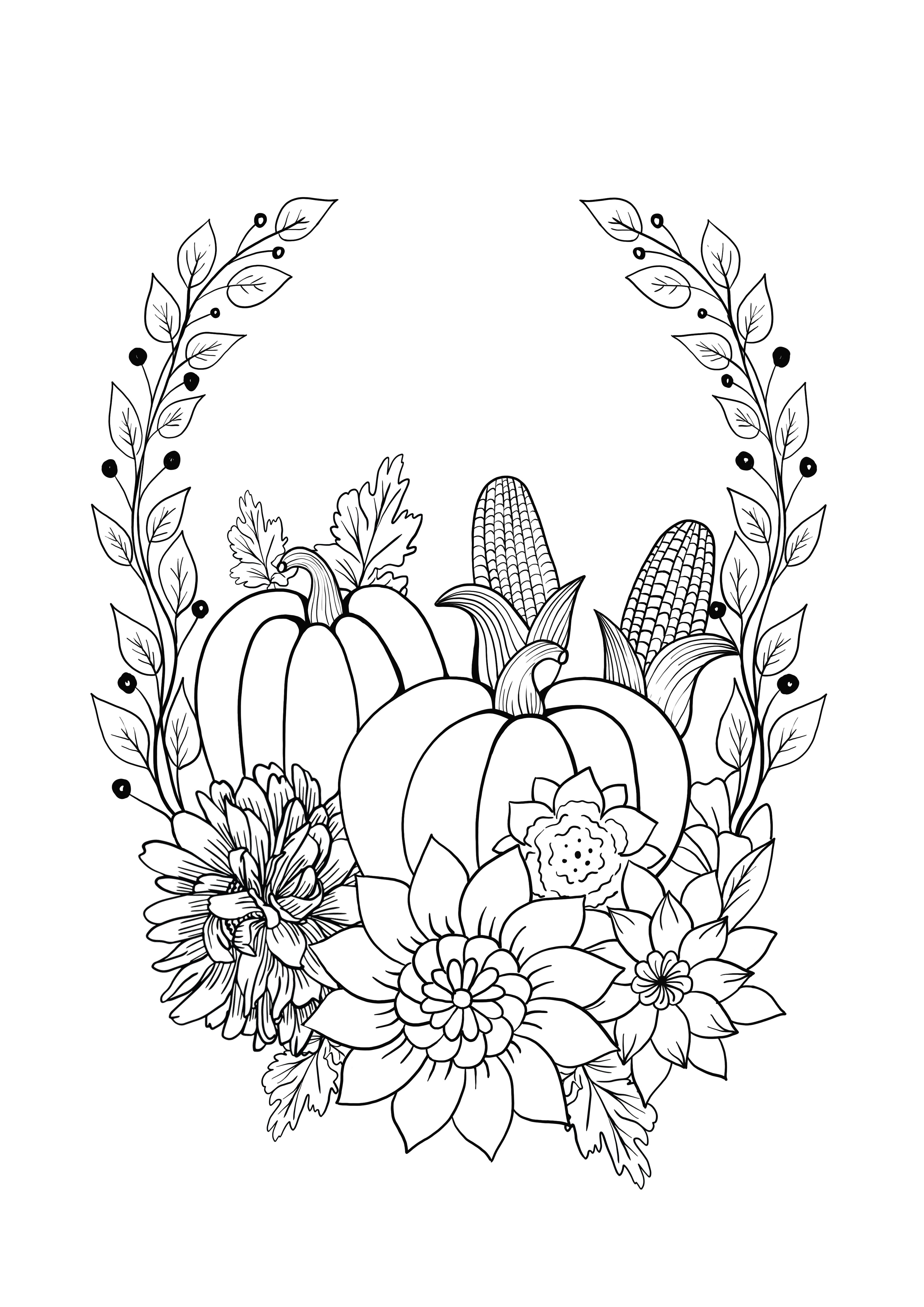 hermosa composición de frutas y flores de otoño para colorear gratis y fácil de imprimir