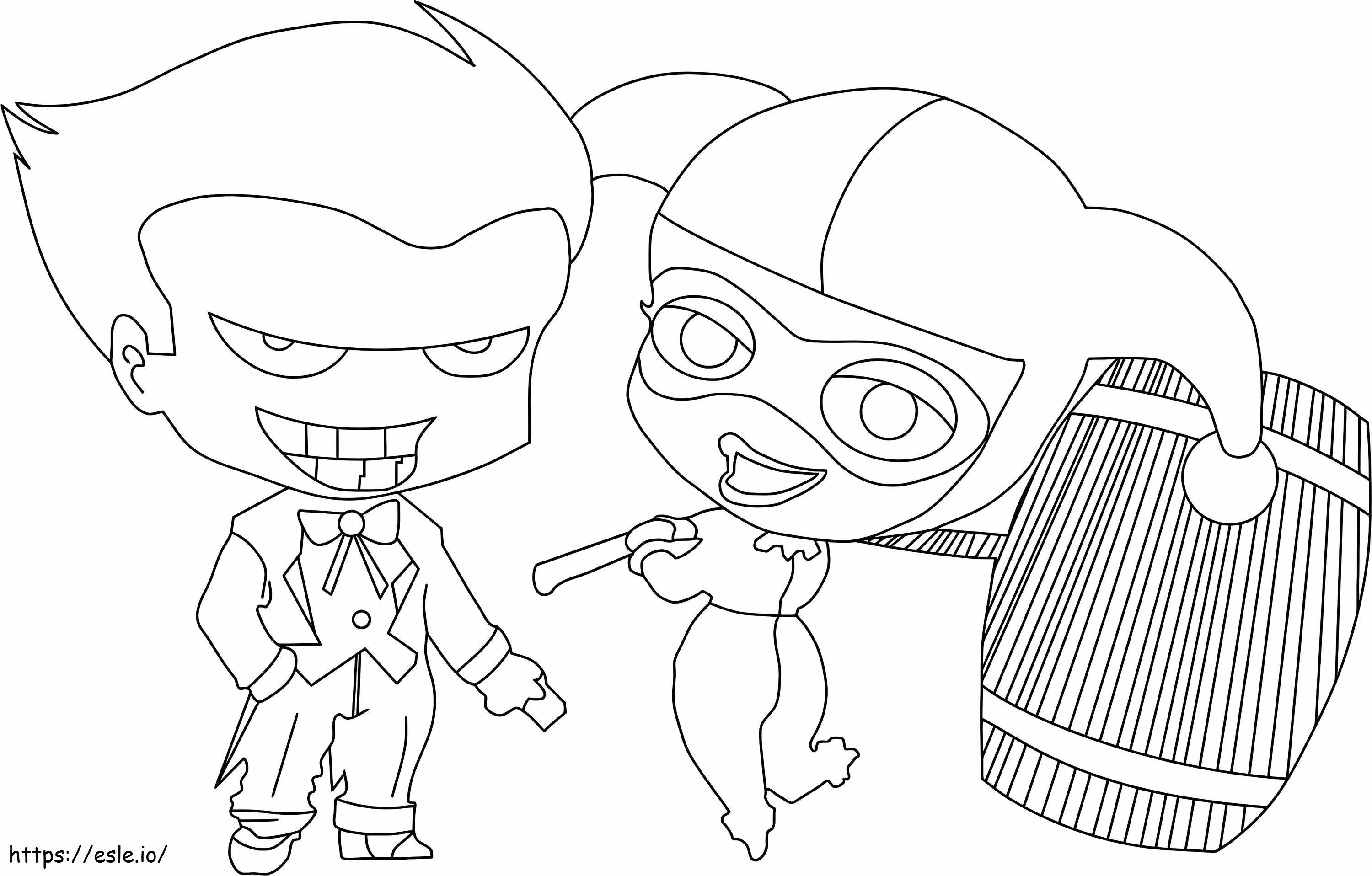 Chibi Joker ja Chibi Harley Quinn pitelevät vasaraa värityskuva