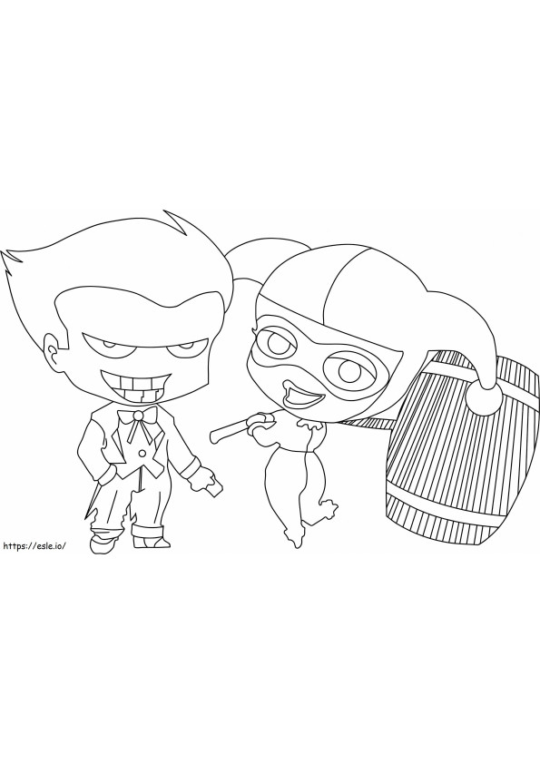 Chibi Joker și Chibi Harley Quinn ținând un ciocan de colorat