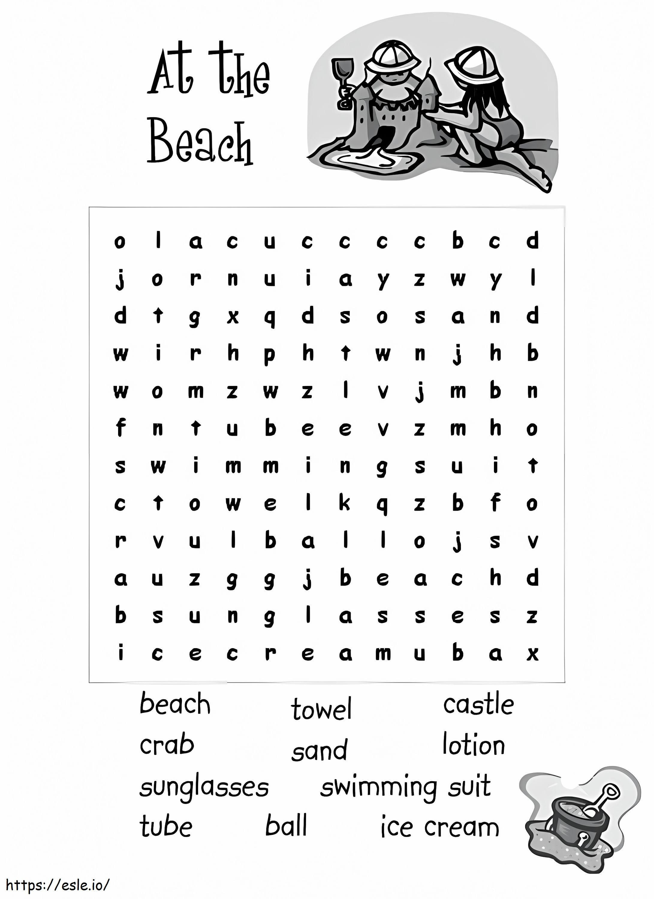 Puzzle de căutare a cuvintelor de vară la plajă de colorat